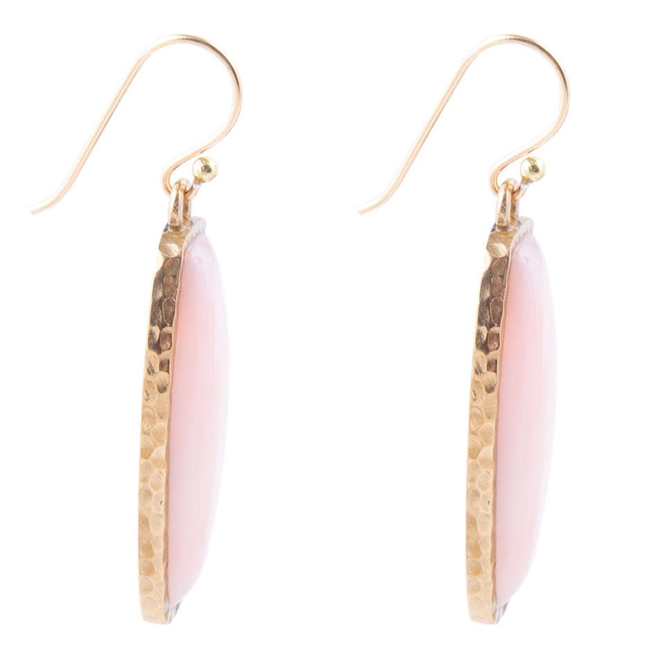 Pair of earrings with pink stones and gold accents on a white background