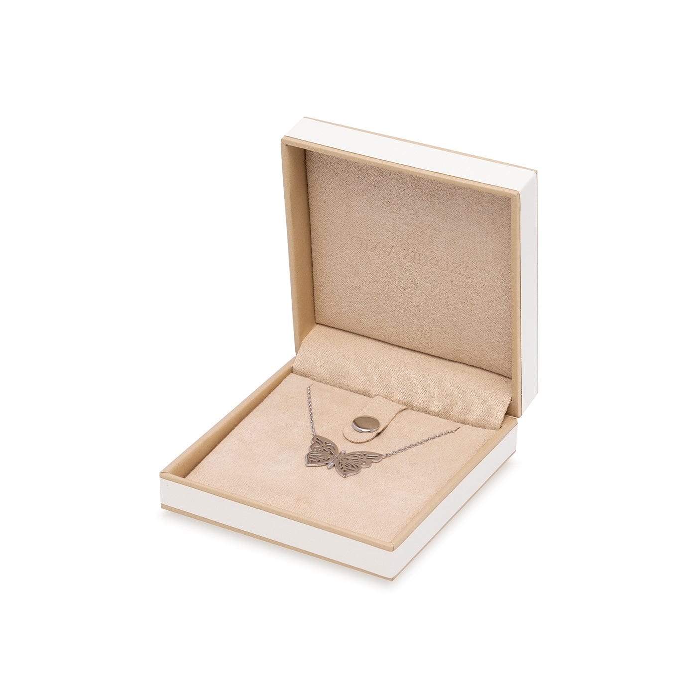 Butterfly necklace in an open jewelry box on a white background