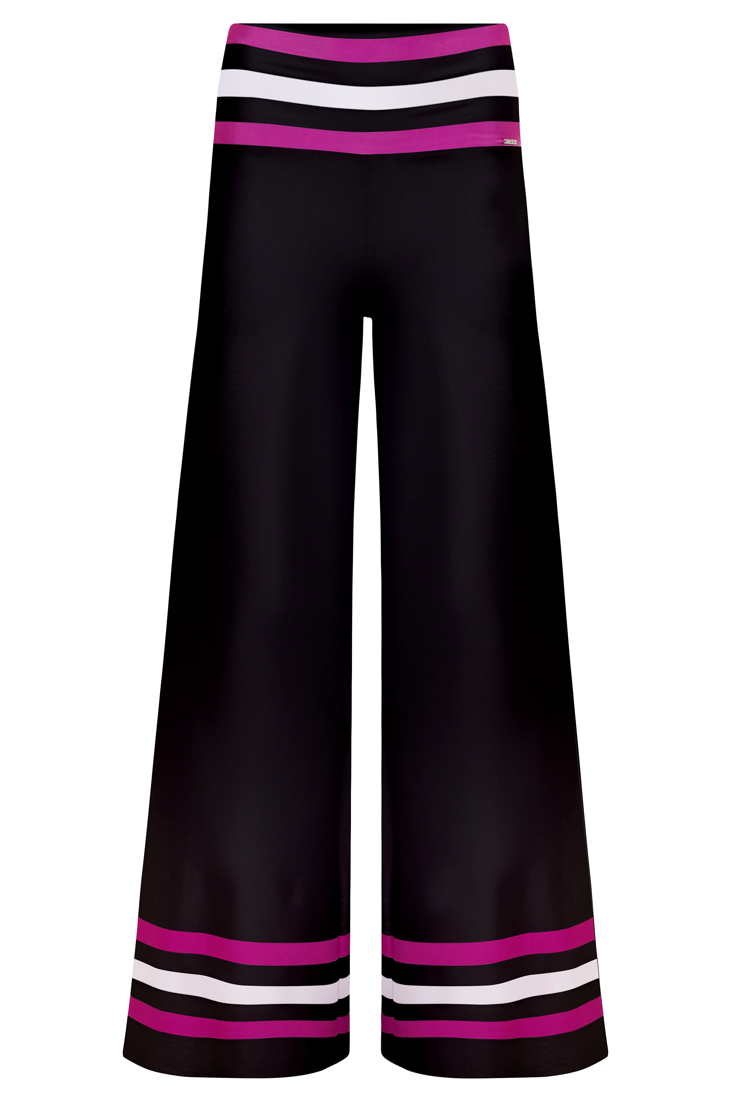 Black wide-leg pants with colorful striped waistband on a white background