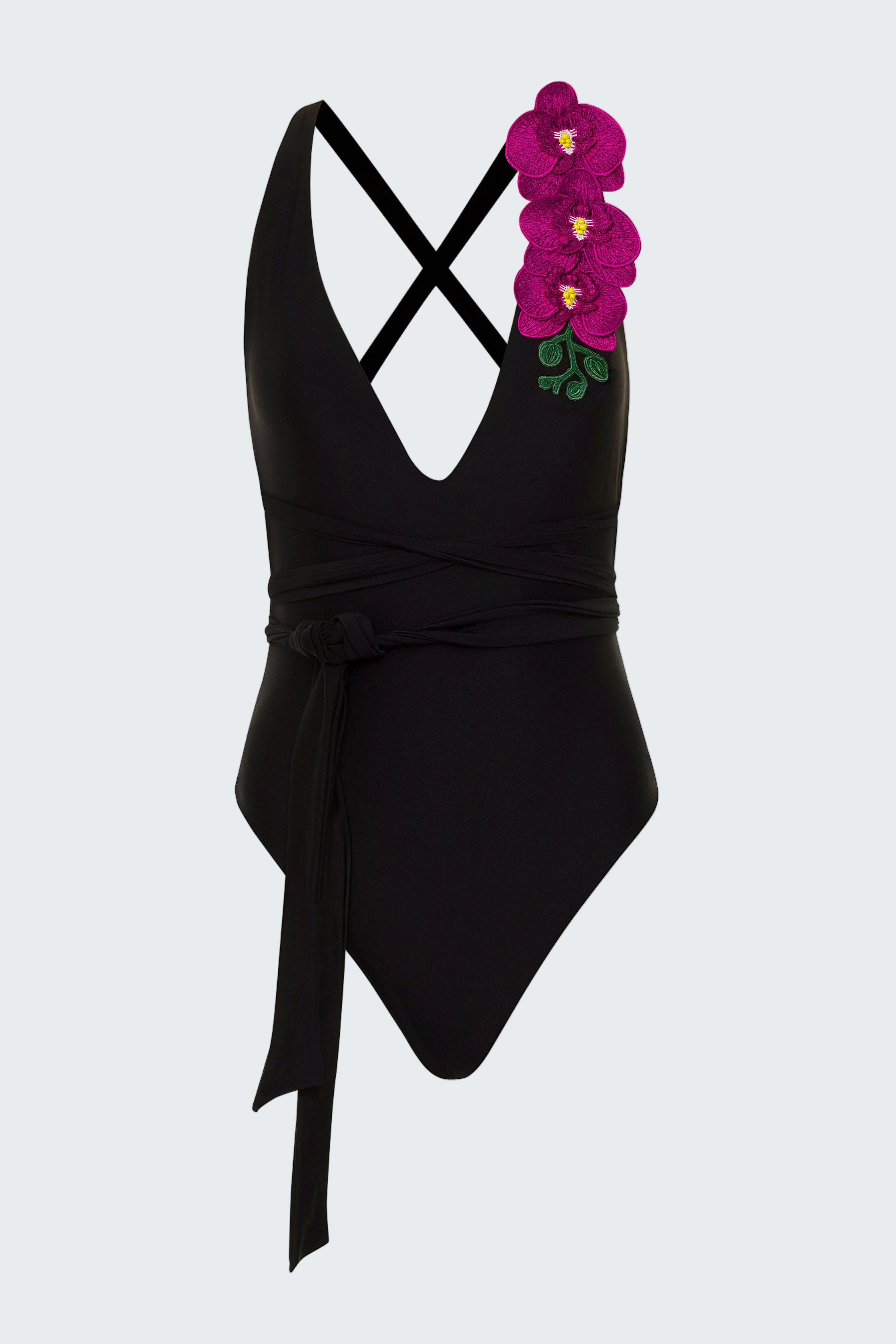 Black swimsuit with floral design on a white background