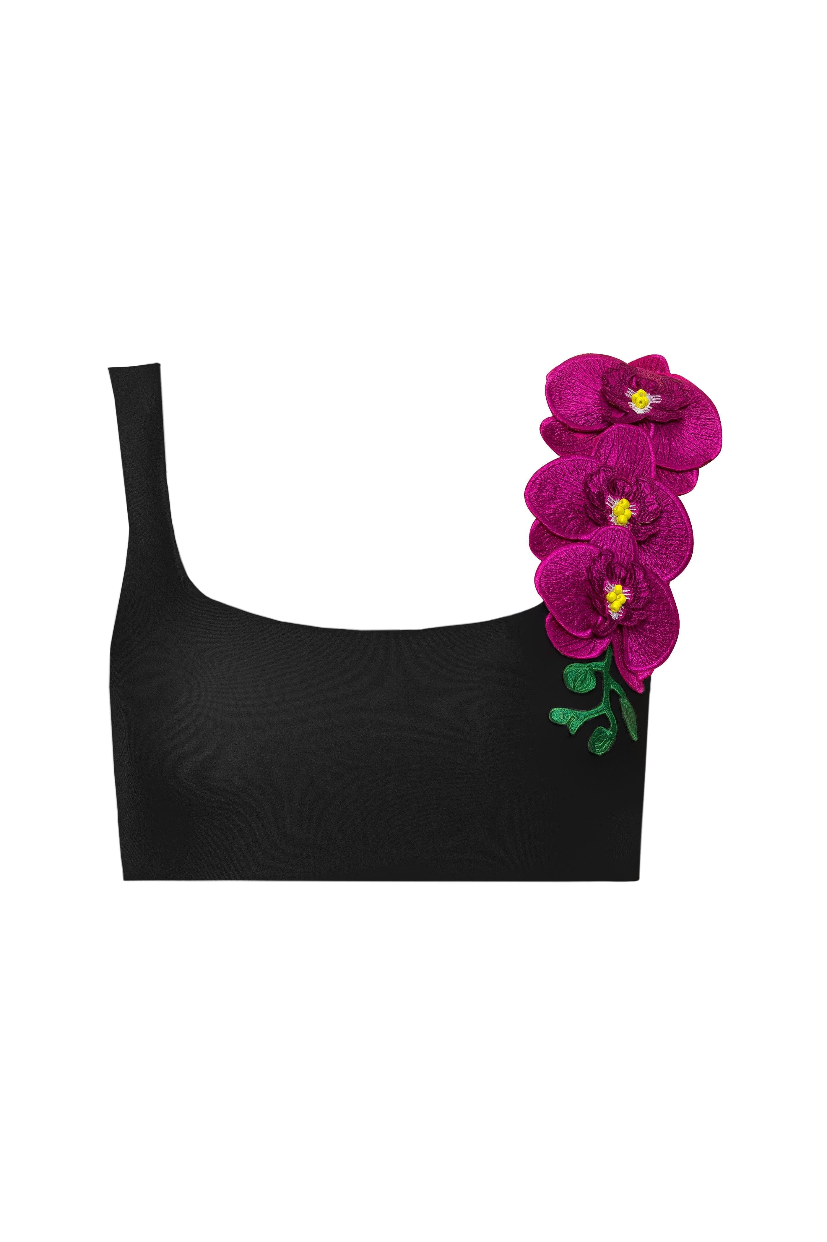 Black top with pink floral embellishments on a white background