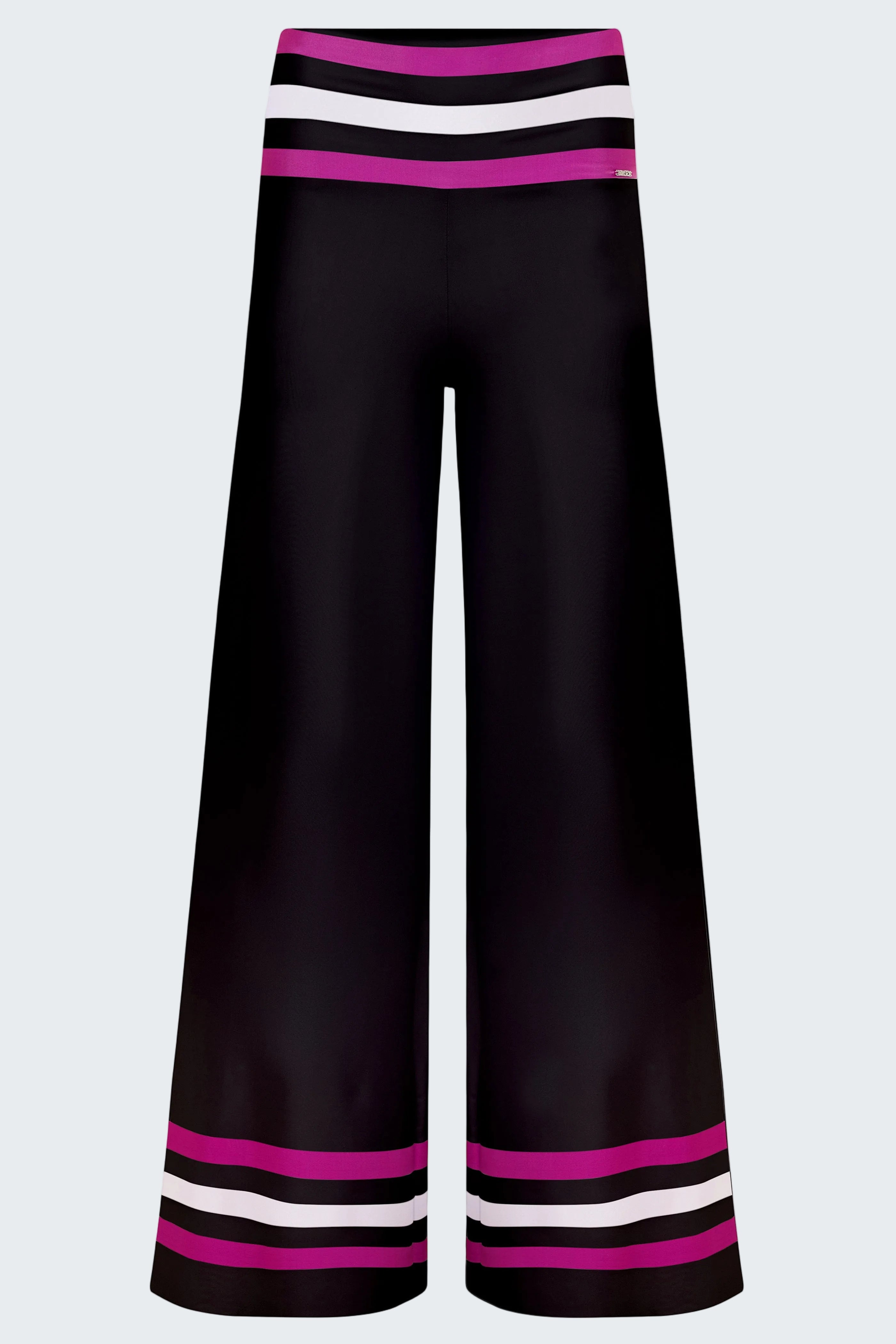Black wide-leg pants with colorful striped waistband on a white background
