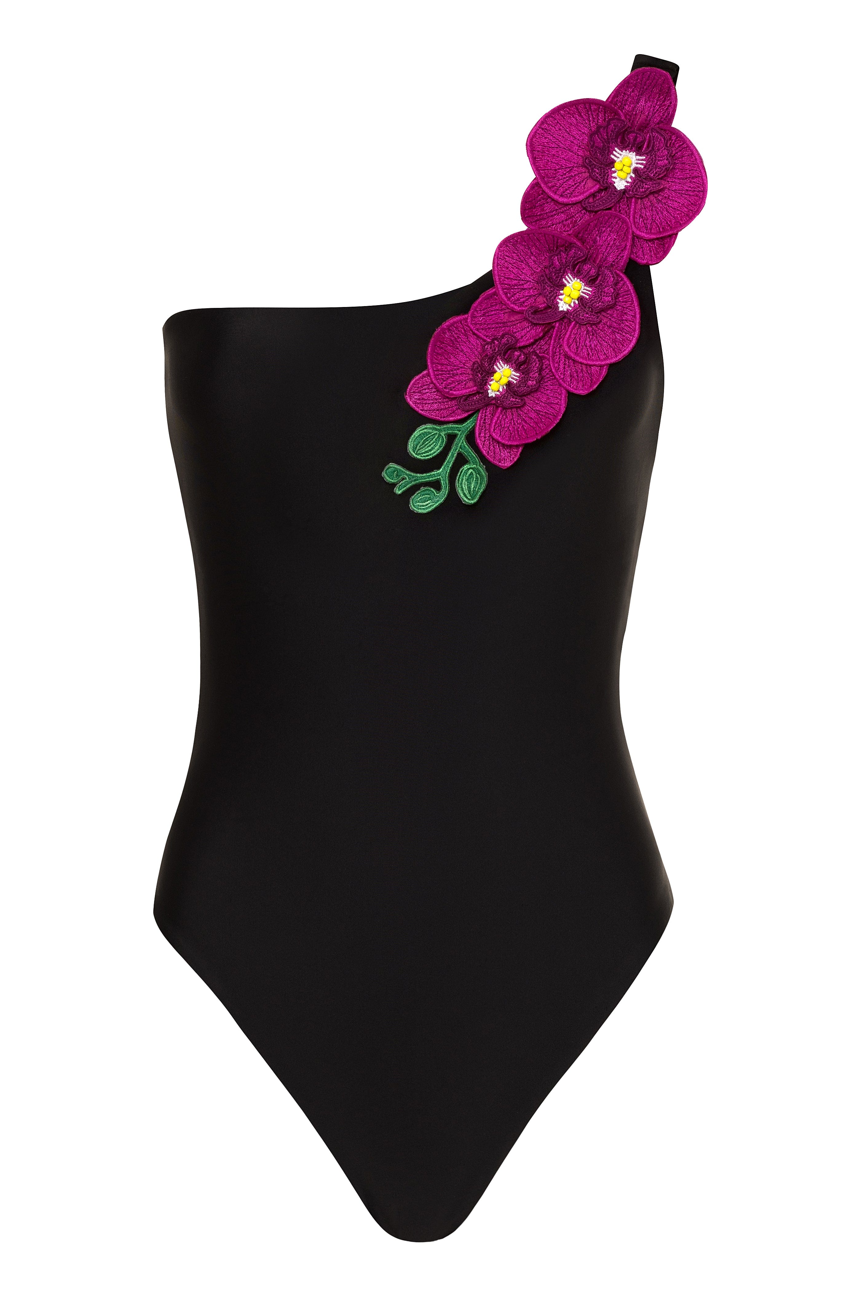 Black one-shoulder swimsuit with pink floral embellishments on a white background