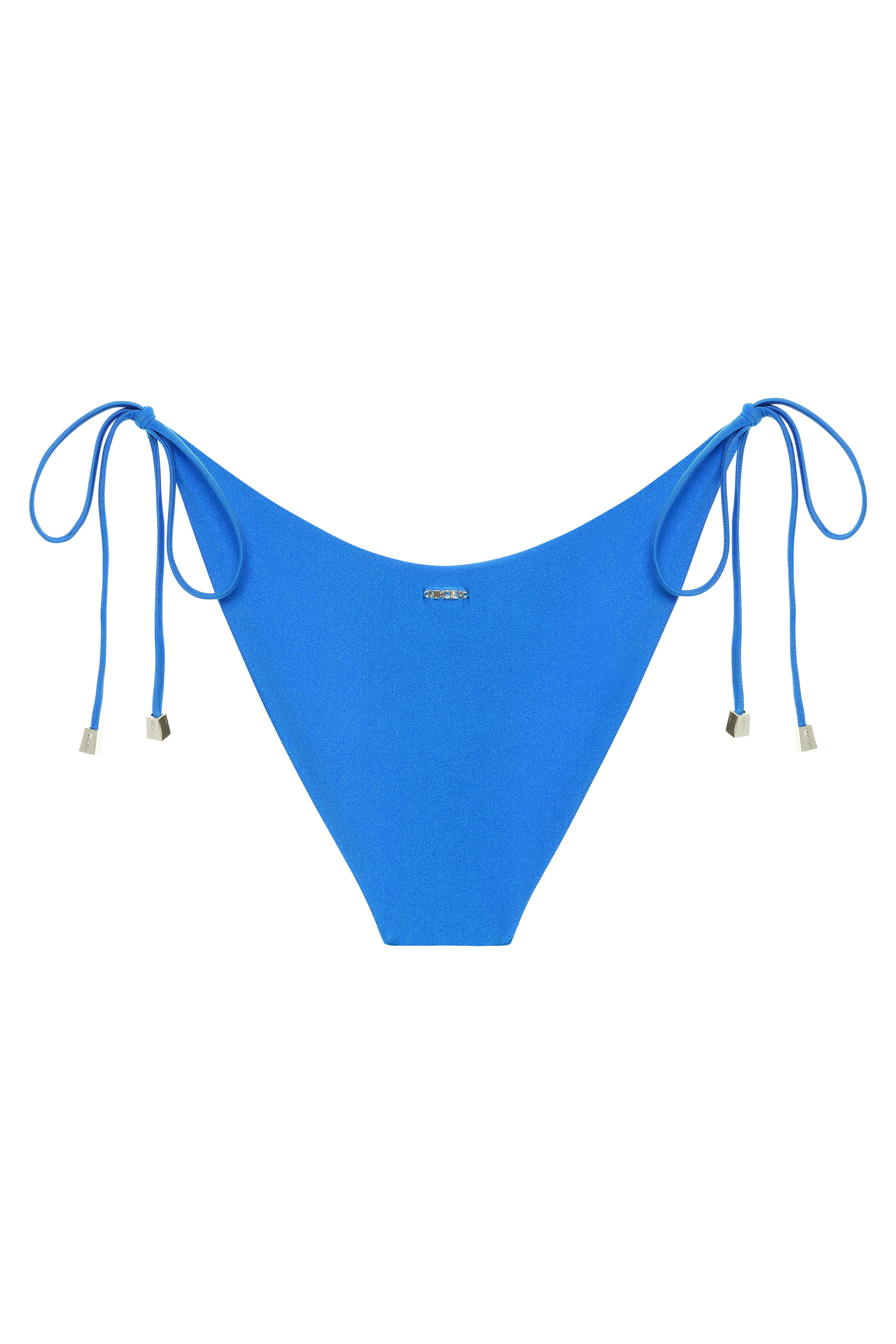Blue bikini bottom with string ties on a white background