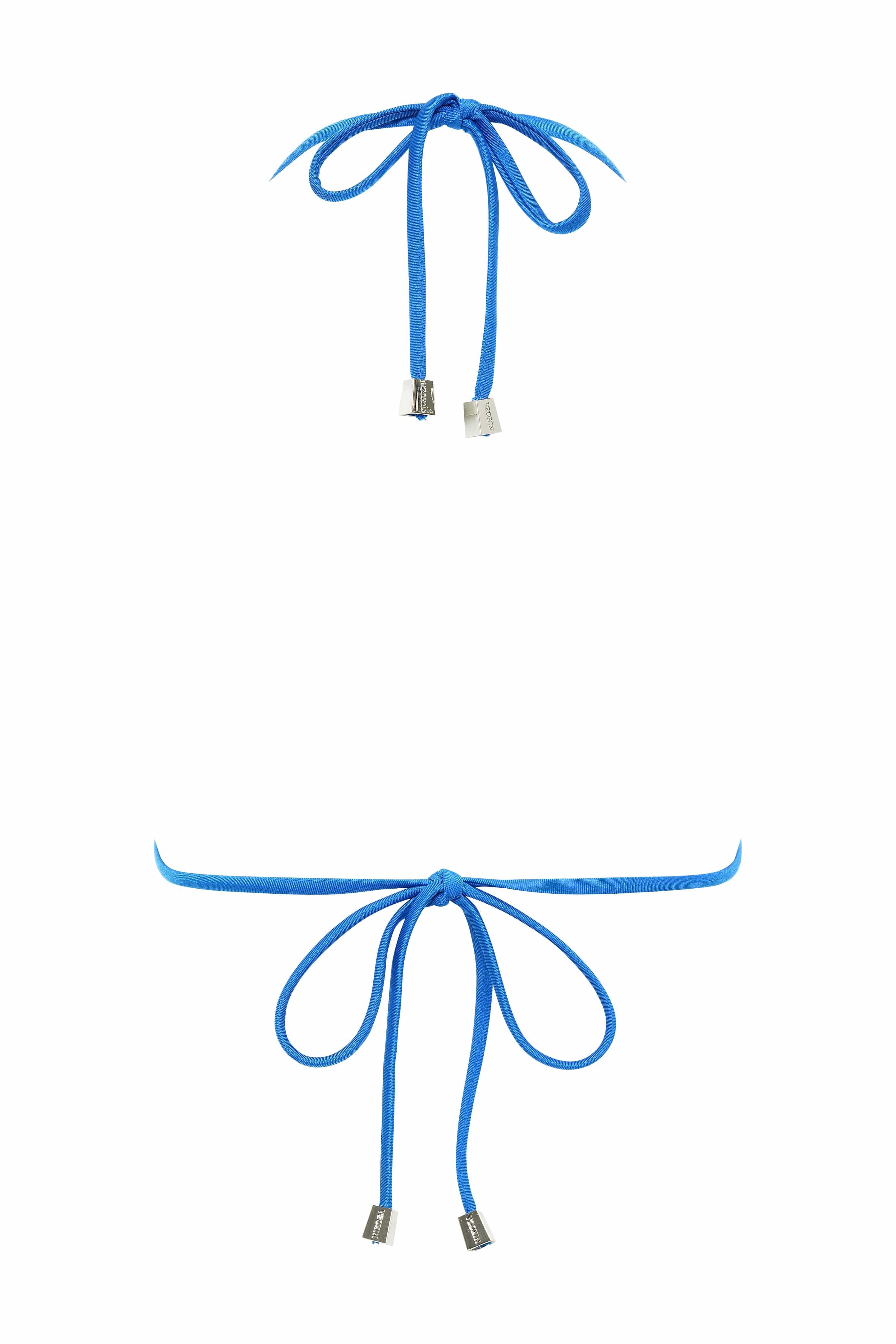 Blue bikini top and bottom set on a white background