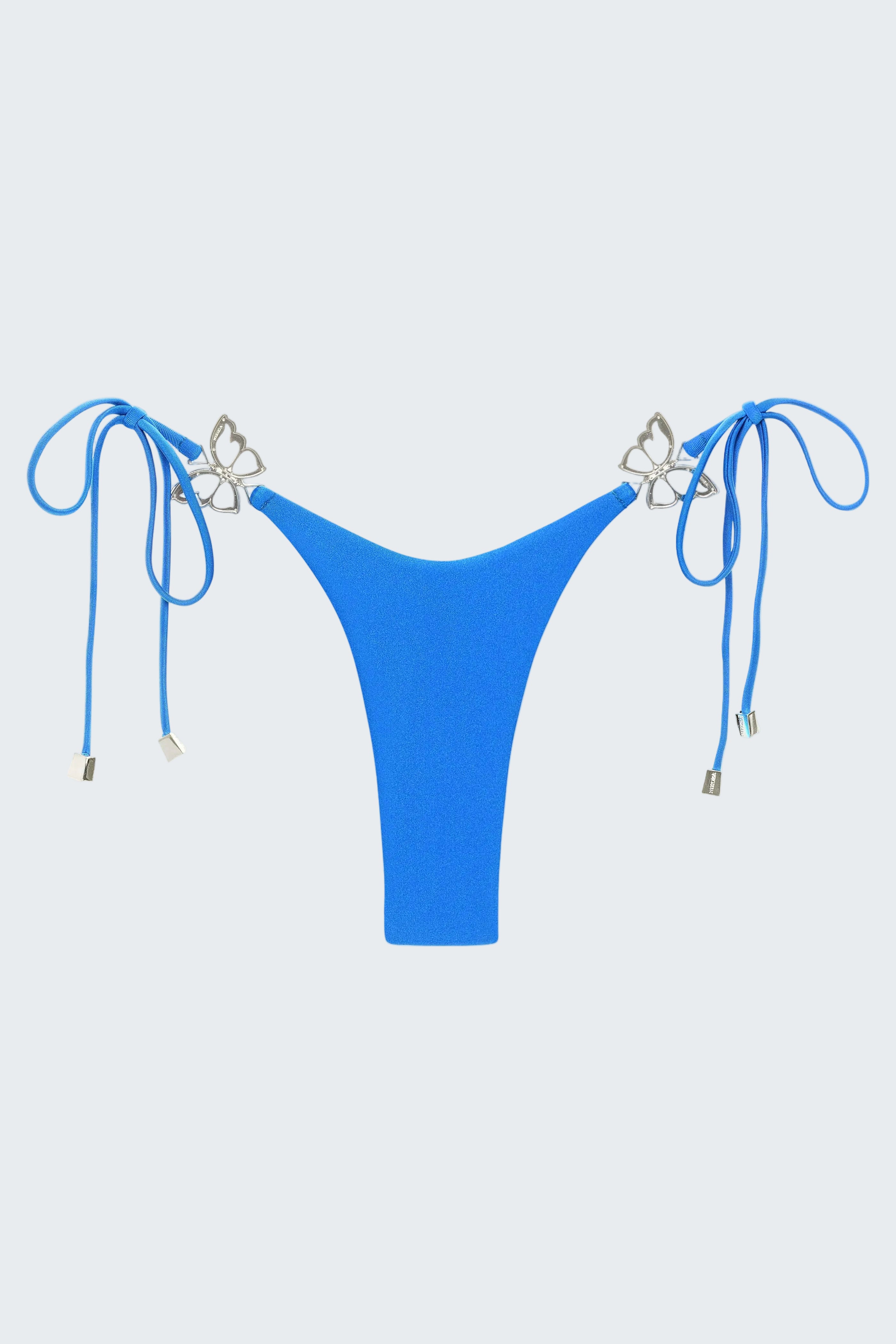 Blue bikini bottom with string ties on a white background