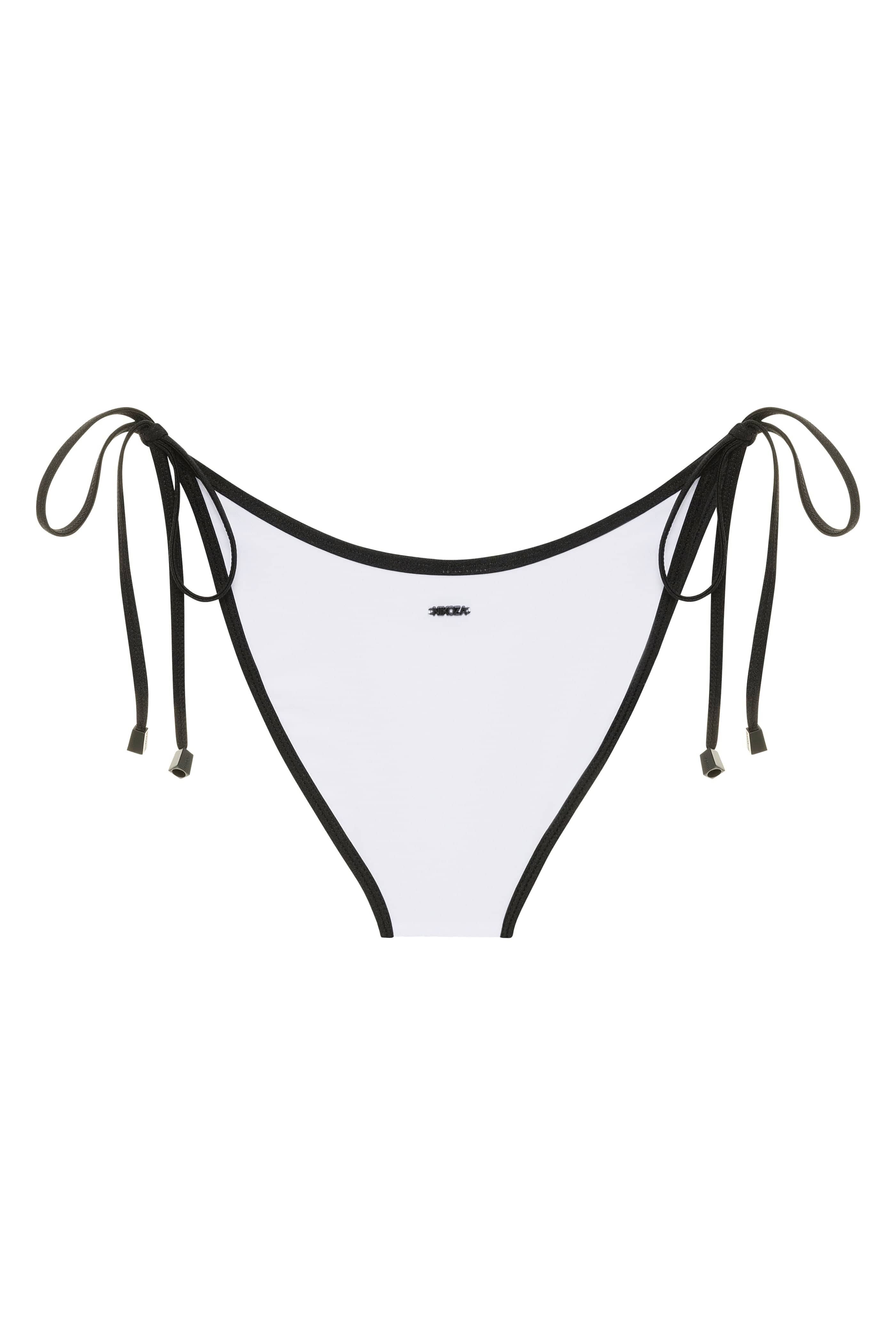 White bikini bottom with black straps on a white background