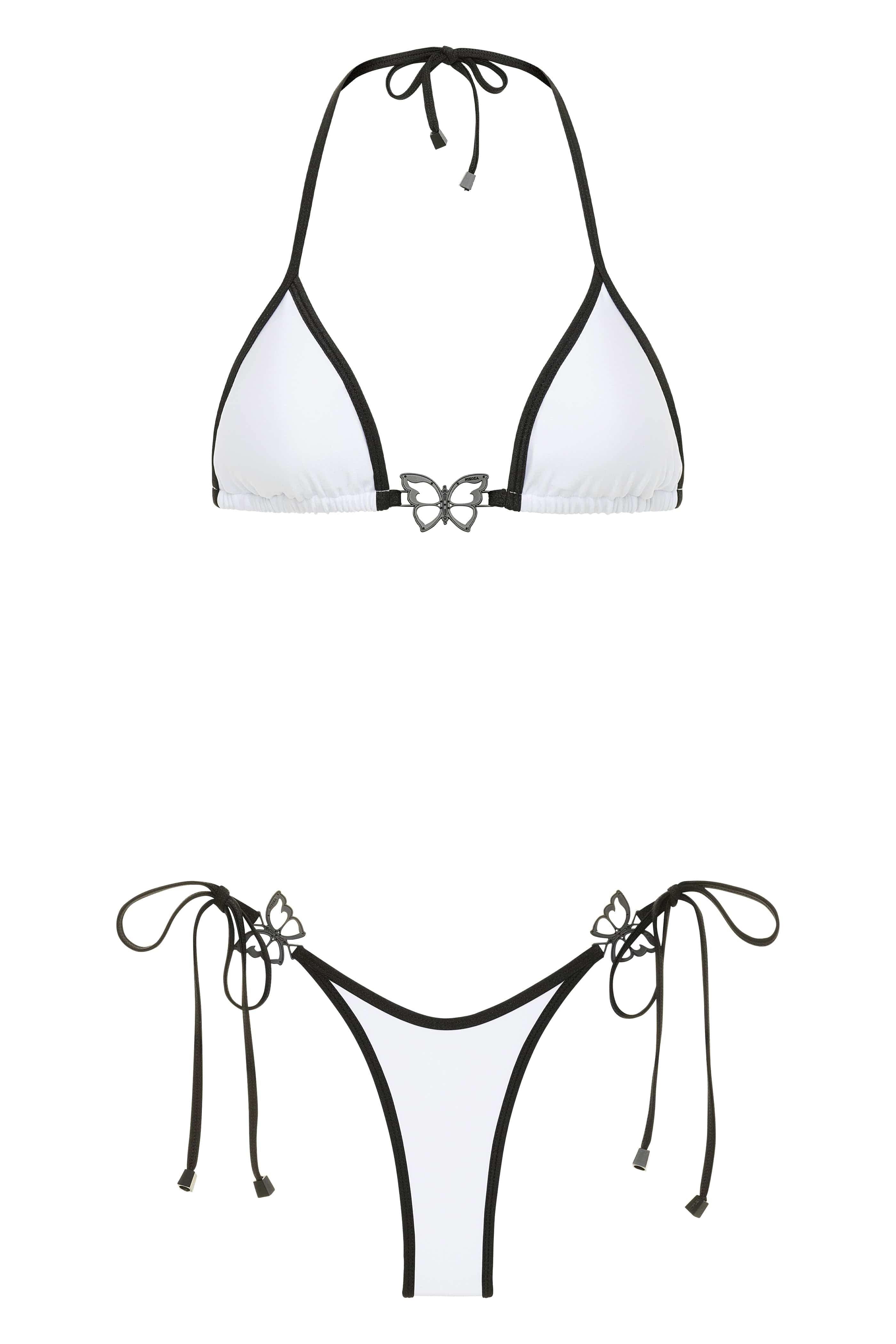 White bikini top with black straps and a matching bottom on a white background