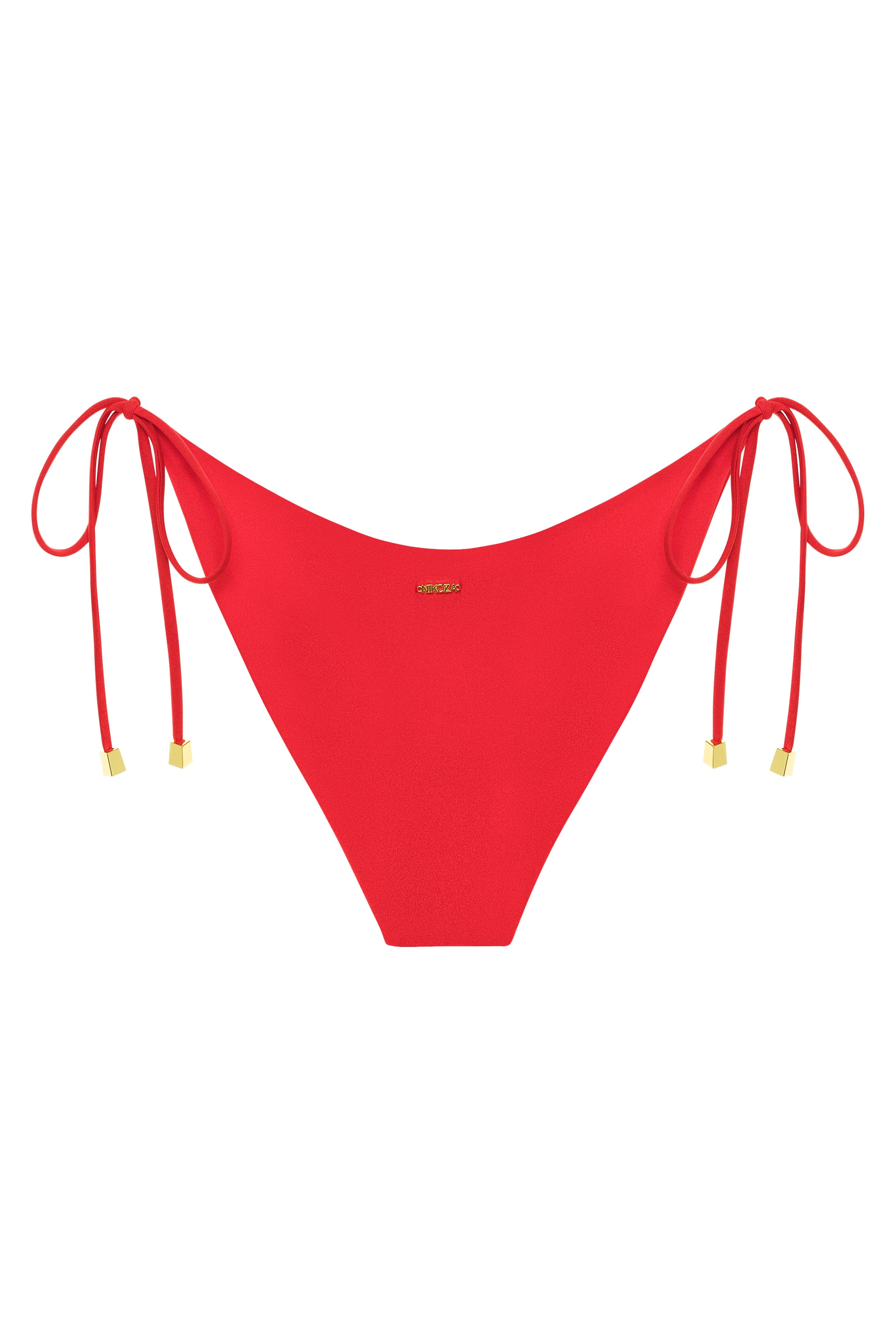 Red bikini bottom with tie sides on a white background
