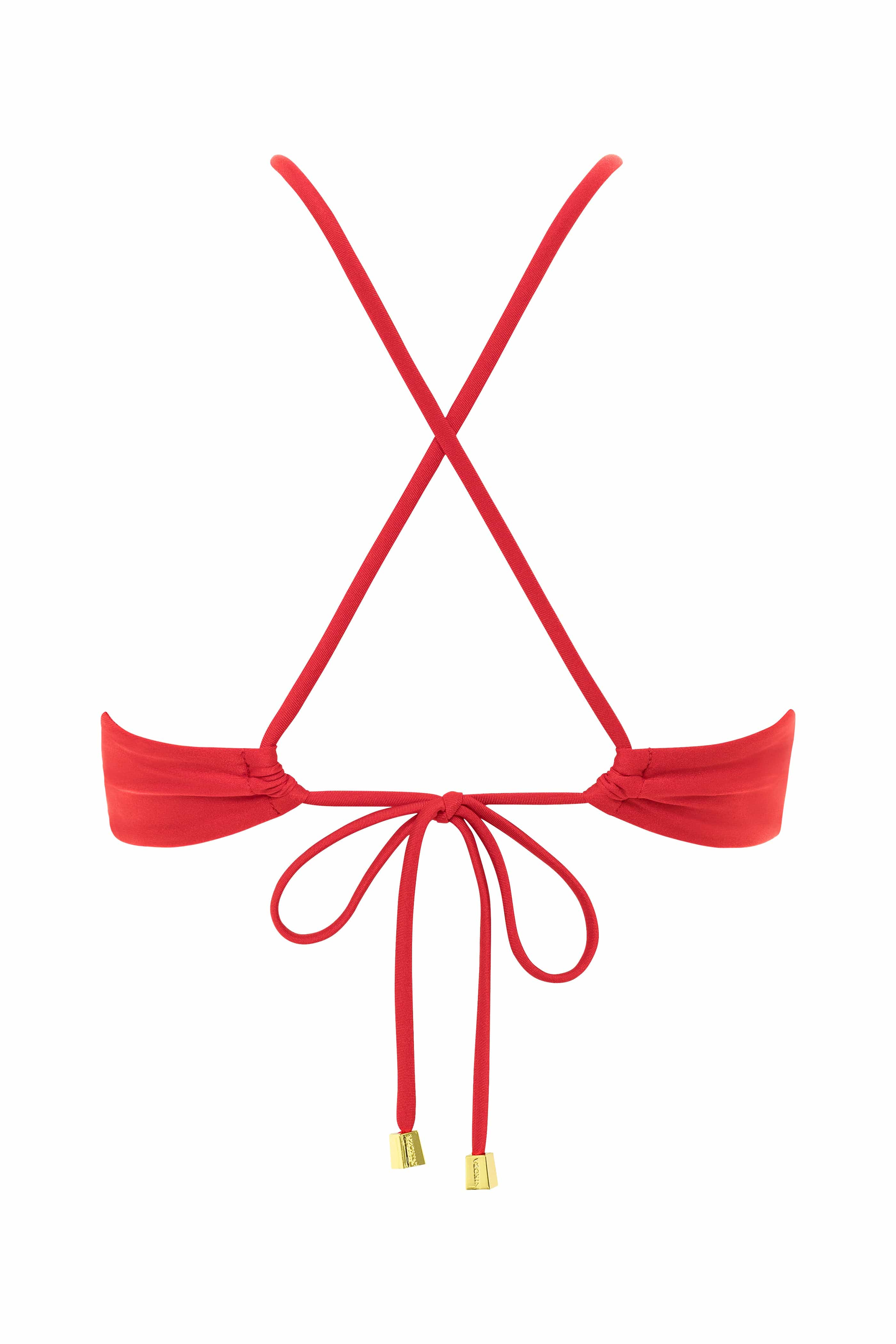 Red bikini top with thin straps and gold accents on a white background