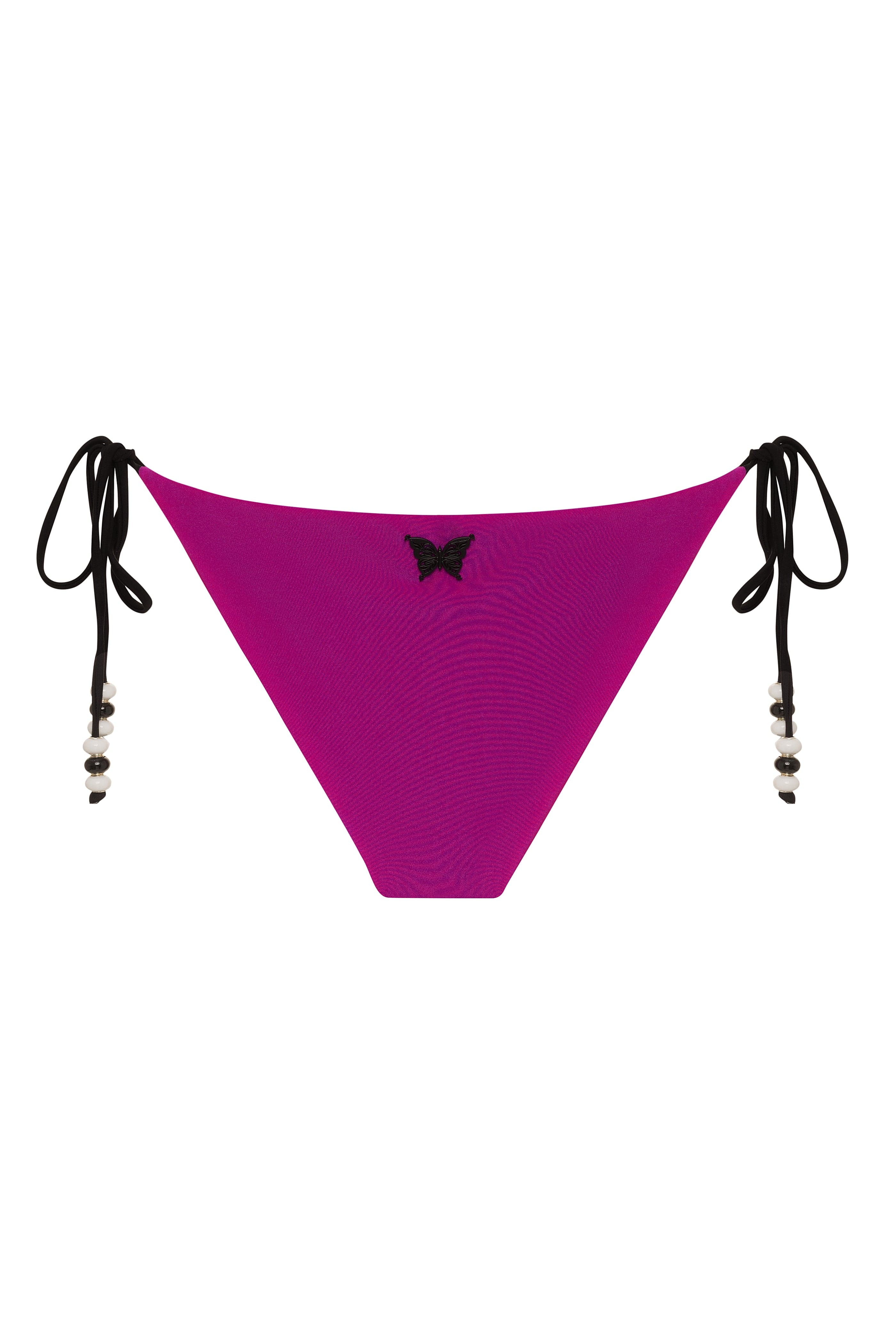 Purple bikini bottom with black butterfly design and tie straps on a white background