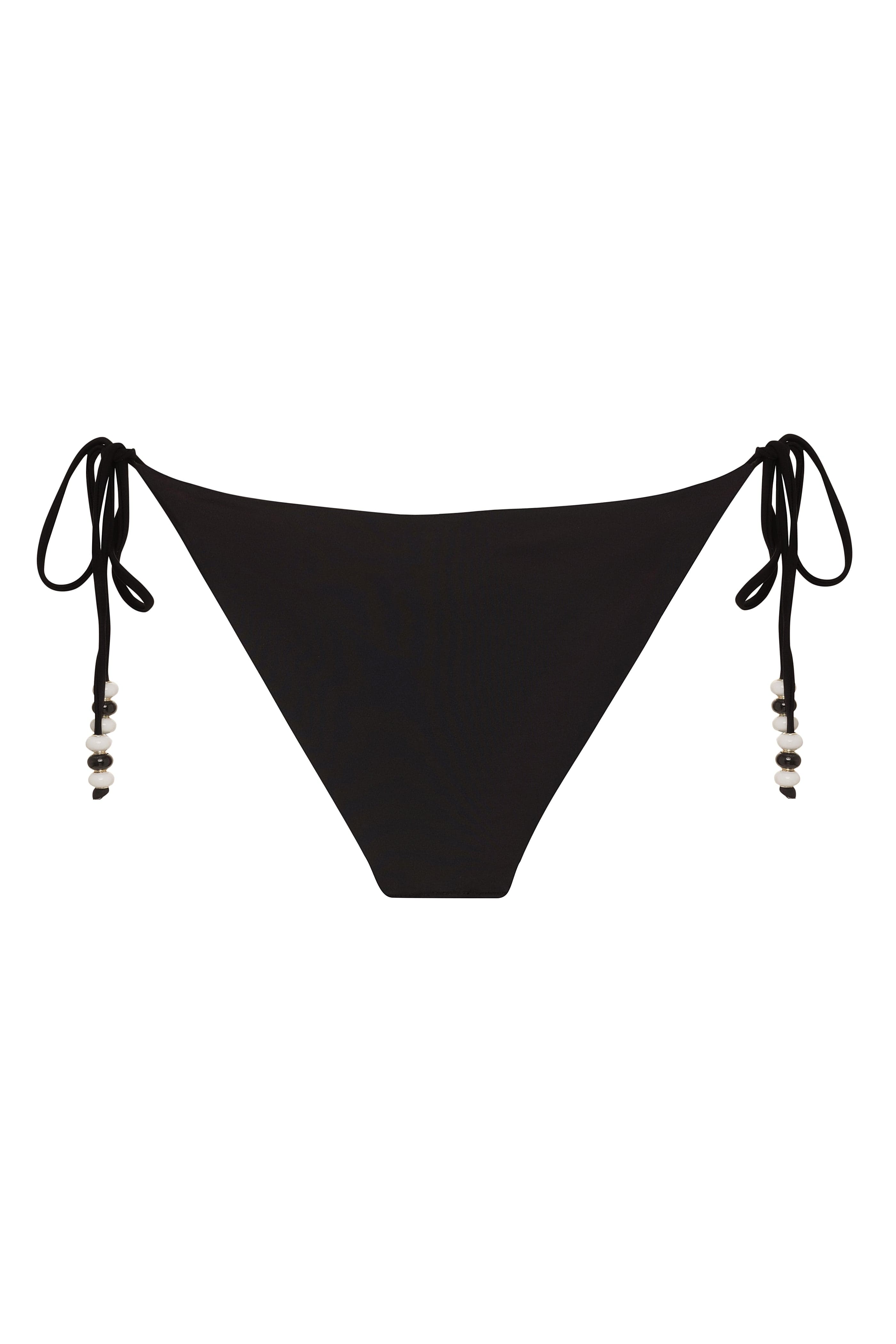 Black bikini bottom with string ties on a white background