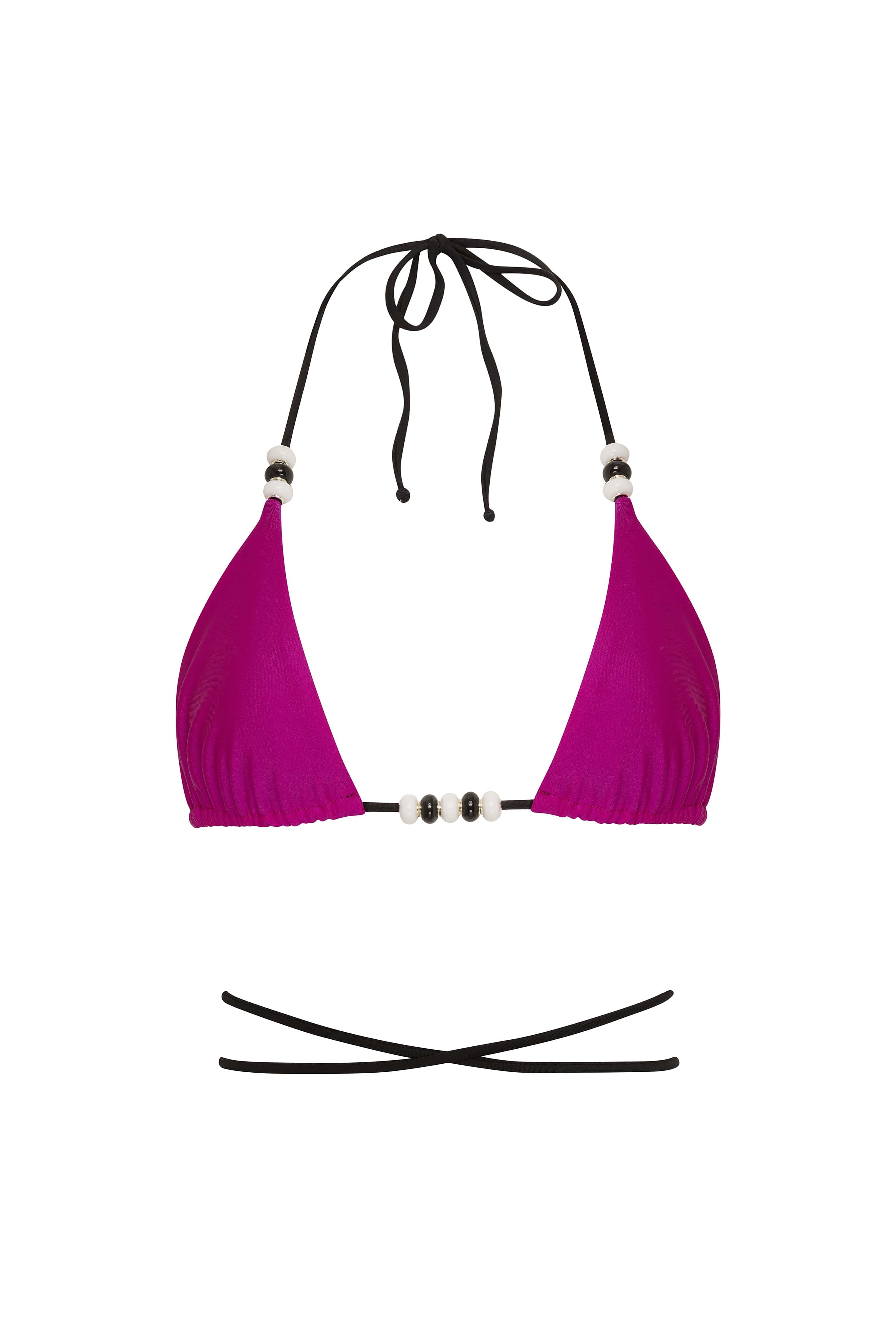 Pink bikini top with black straps on a white background