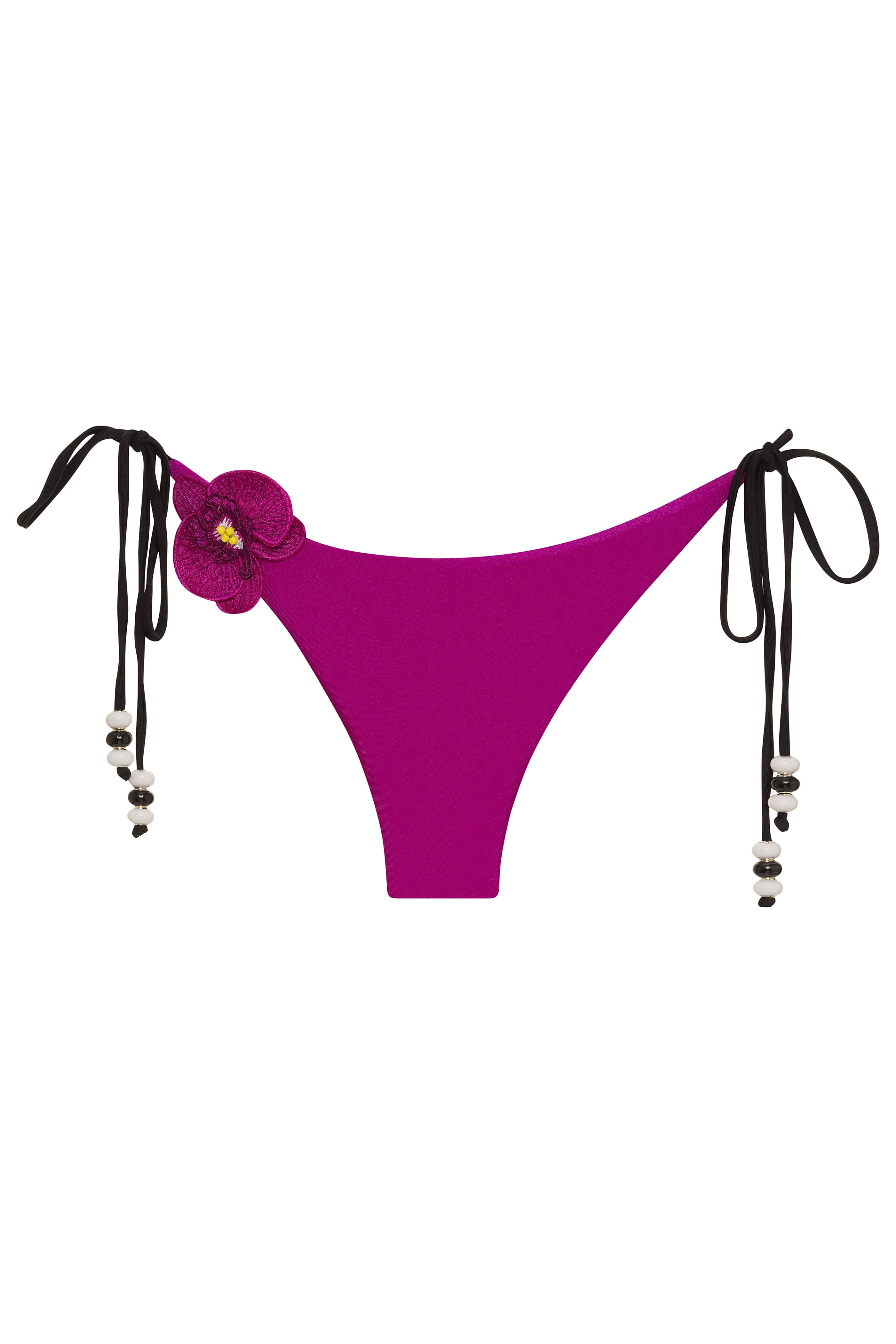 Purple bikini bottom with floral design and black straps on a white background