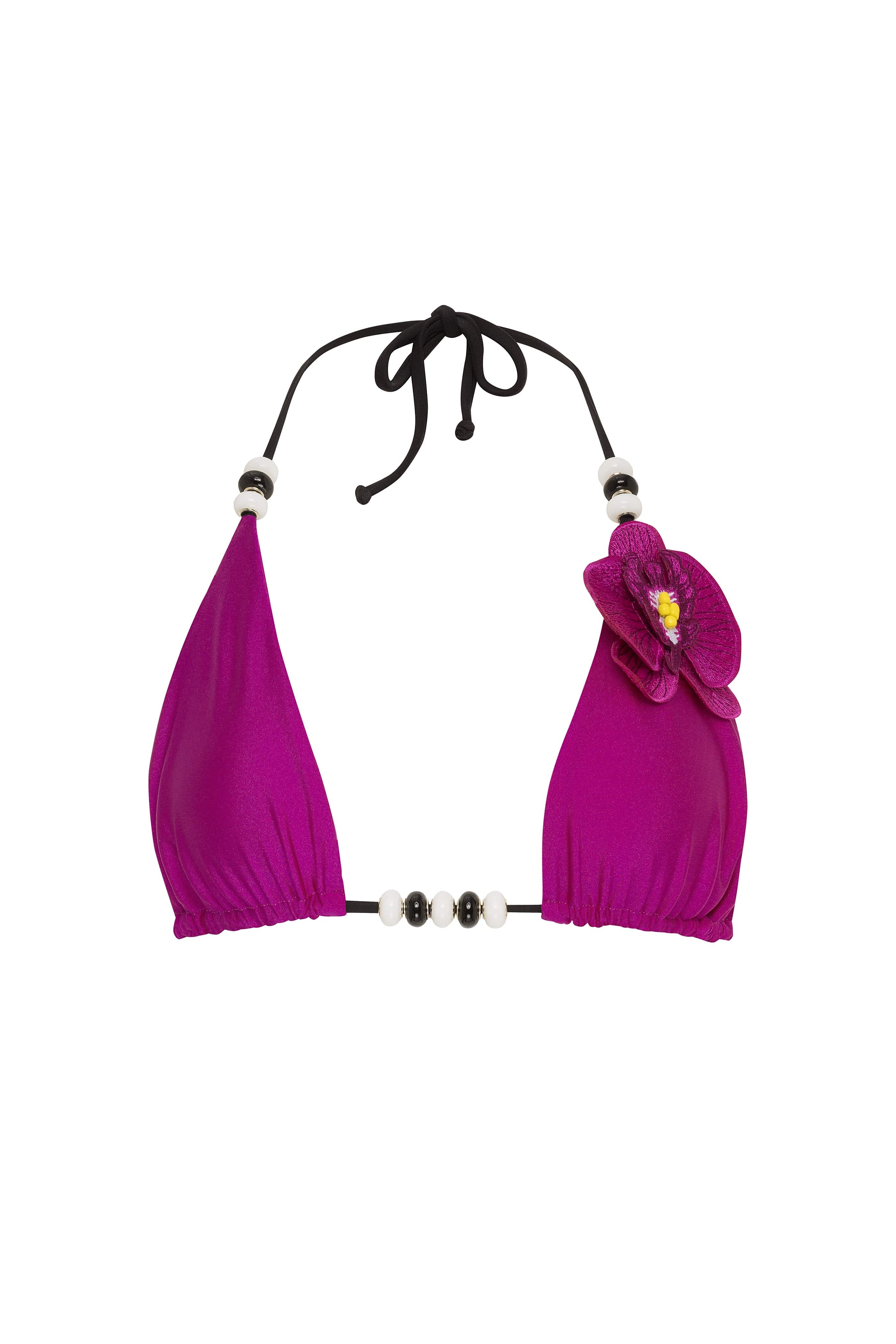 Purple bikini top with floral details on a white background