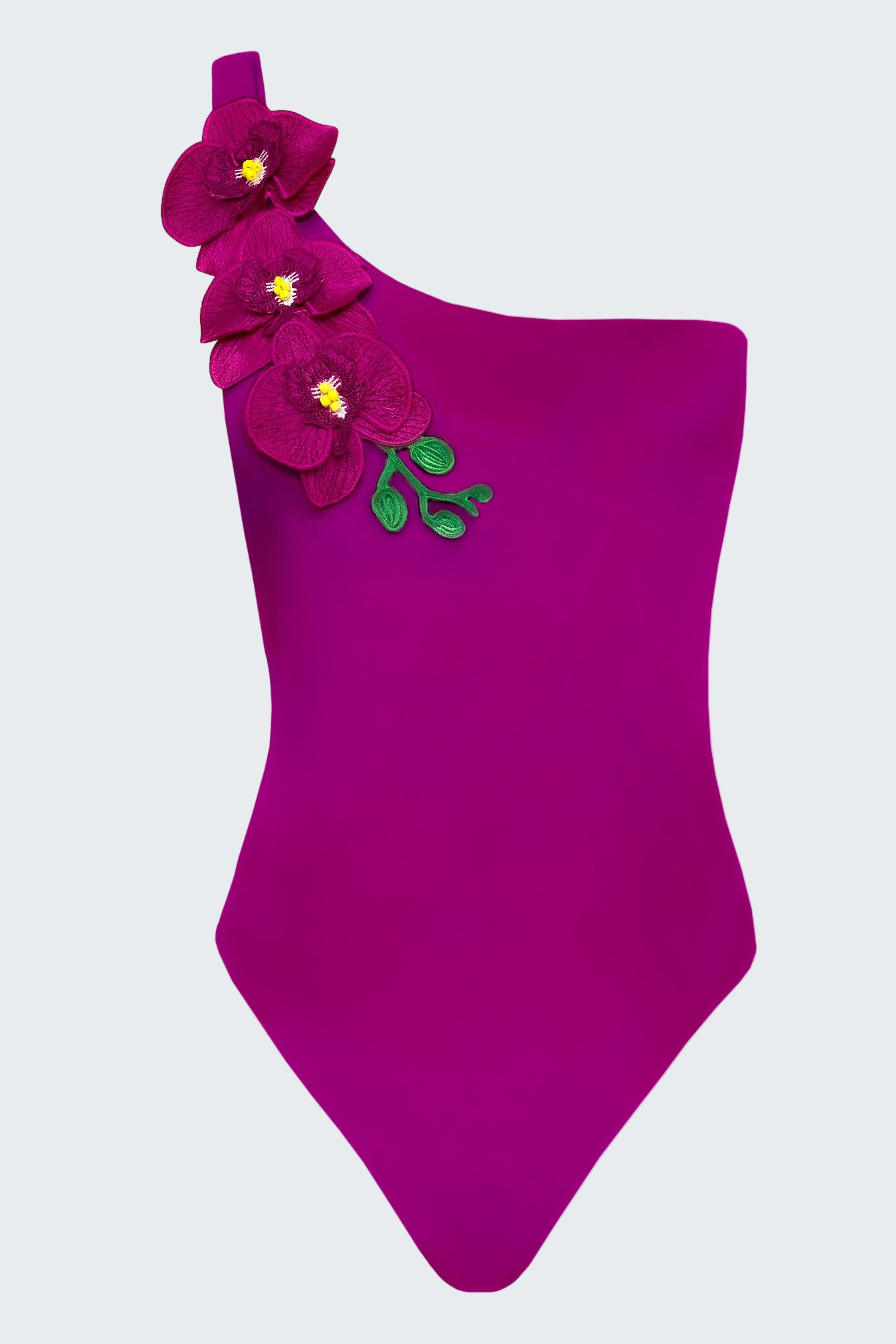 Purple one-shoulder swimsuit with floral decorations on a white background