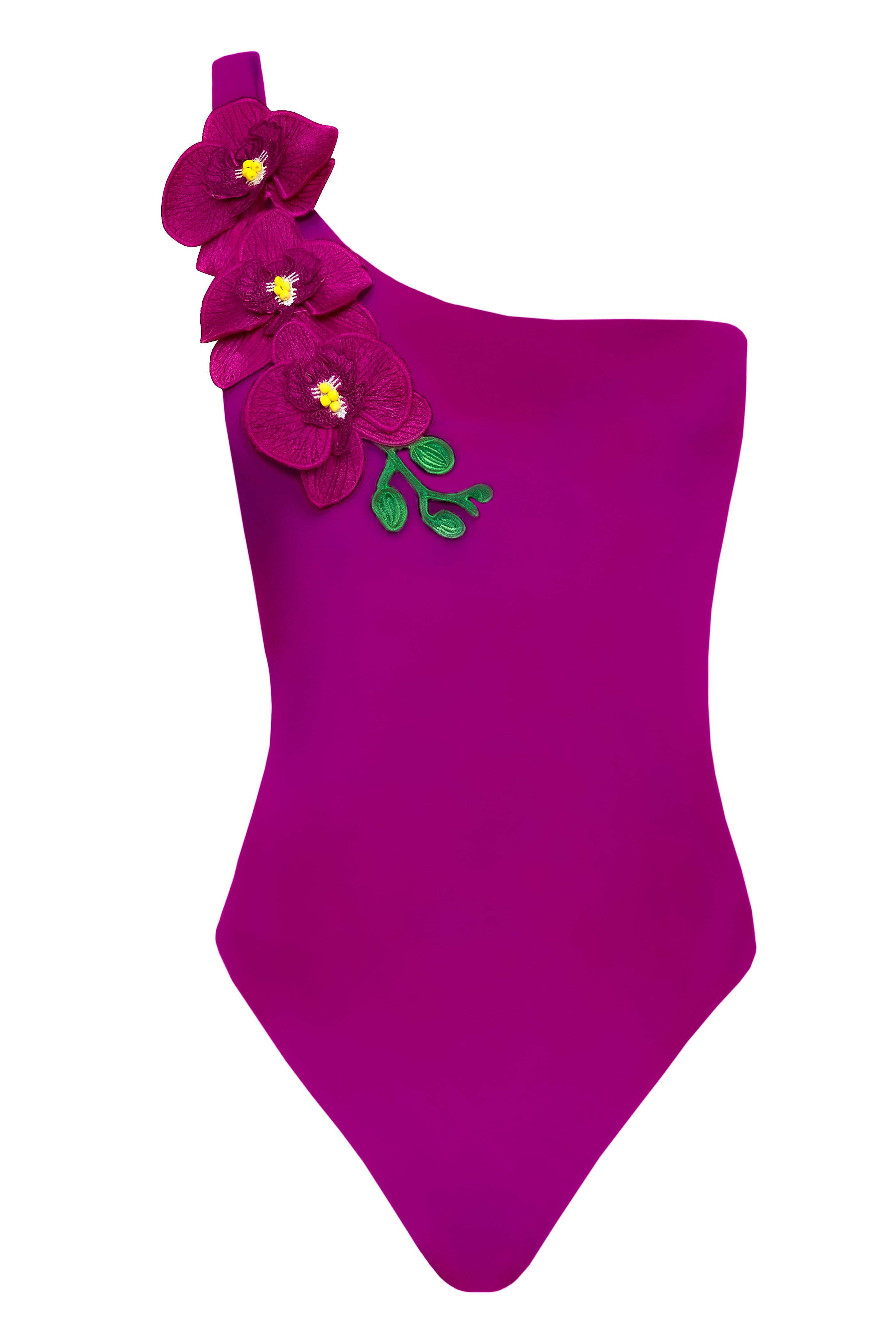 Purple one-shoulder swimsuit with floral decorations on a white background