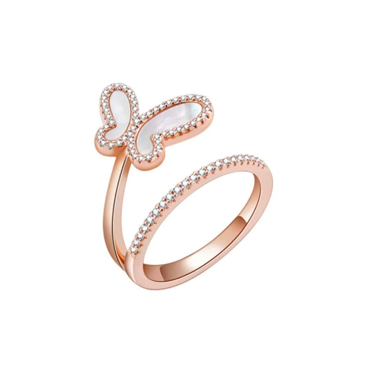Rose gold butterfly ring with white gemstone on a white background