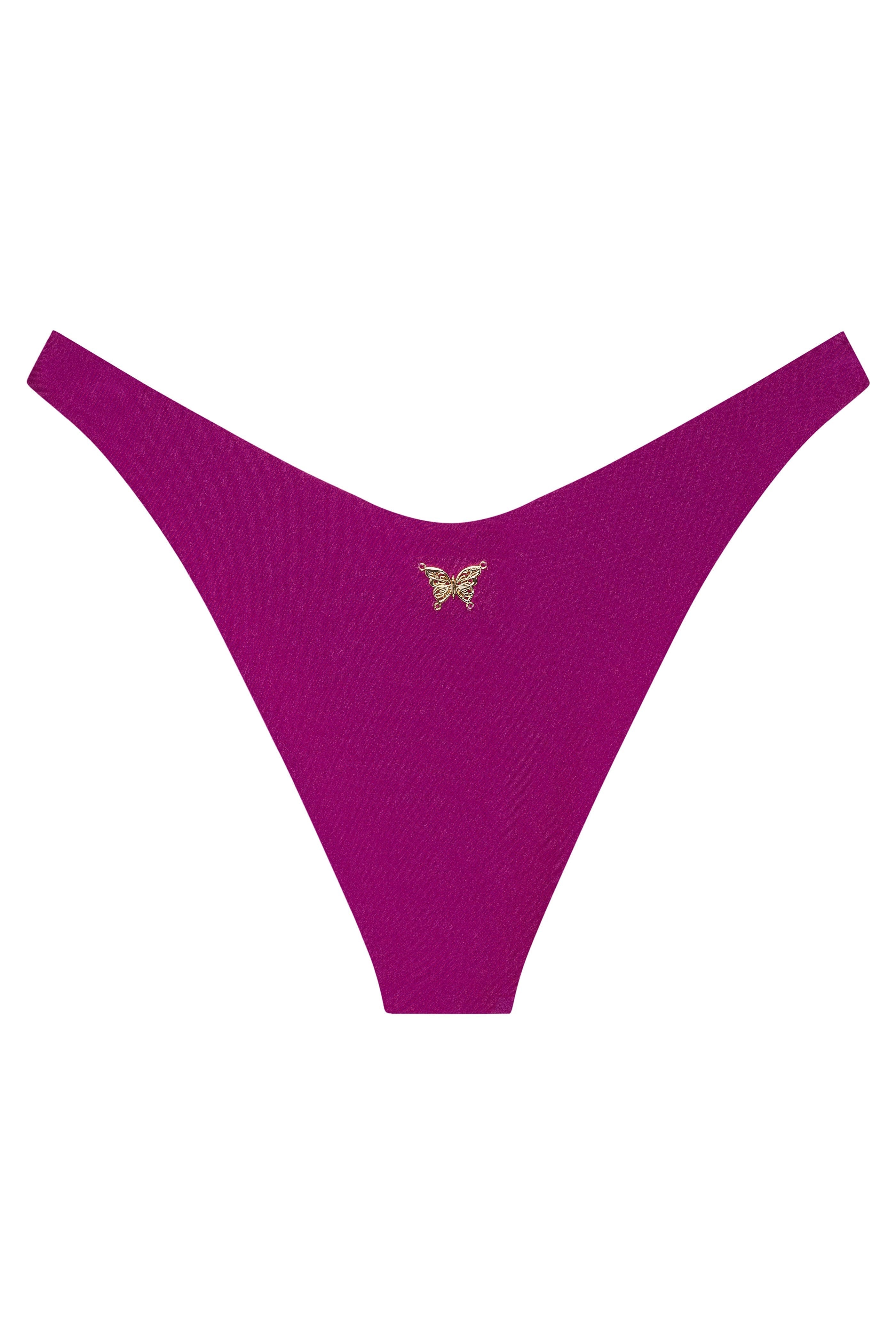 Purple thong with a butterfly design on a white background