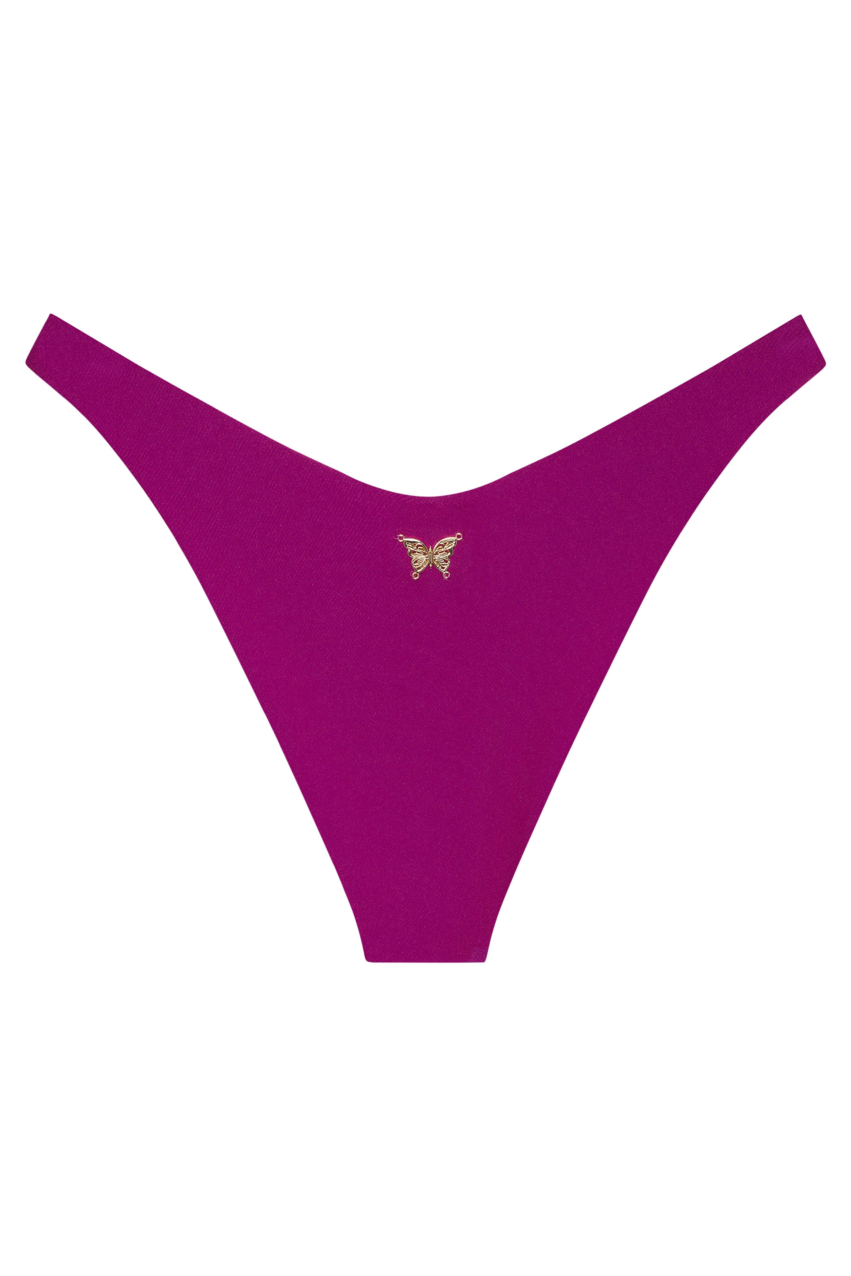 Purple thong with a butterfly design on a white background