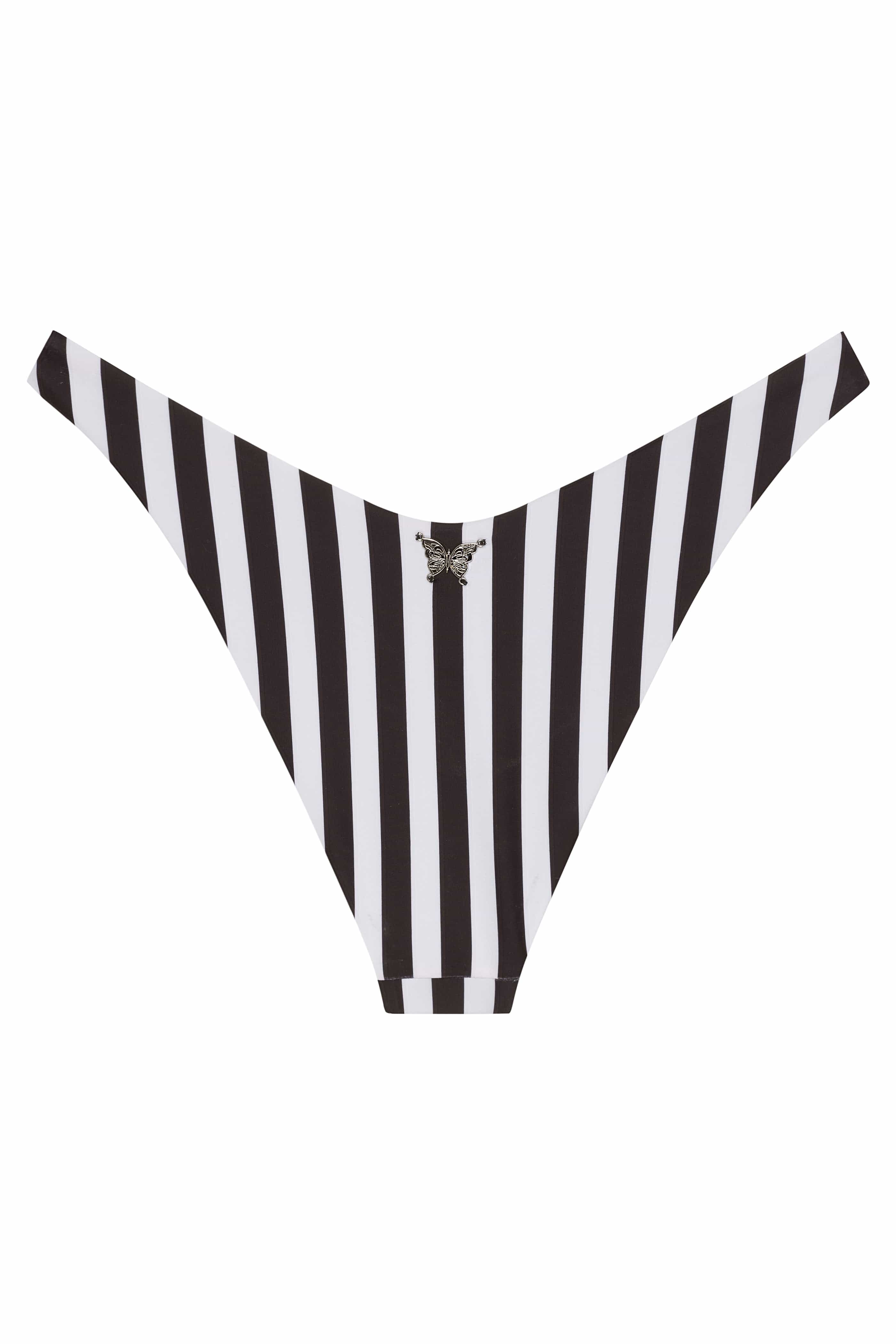 Black and white striped bikini bottom on a white background