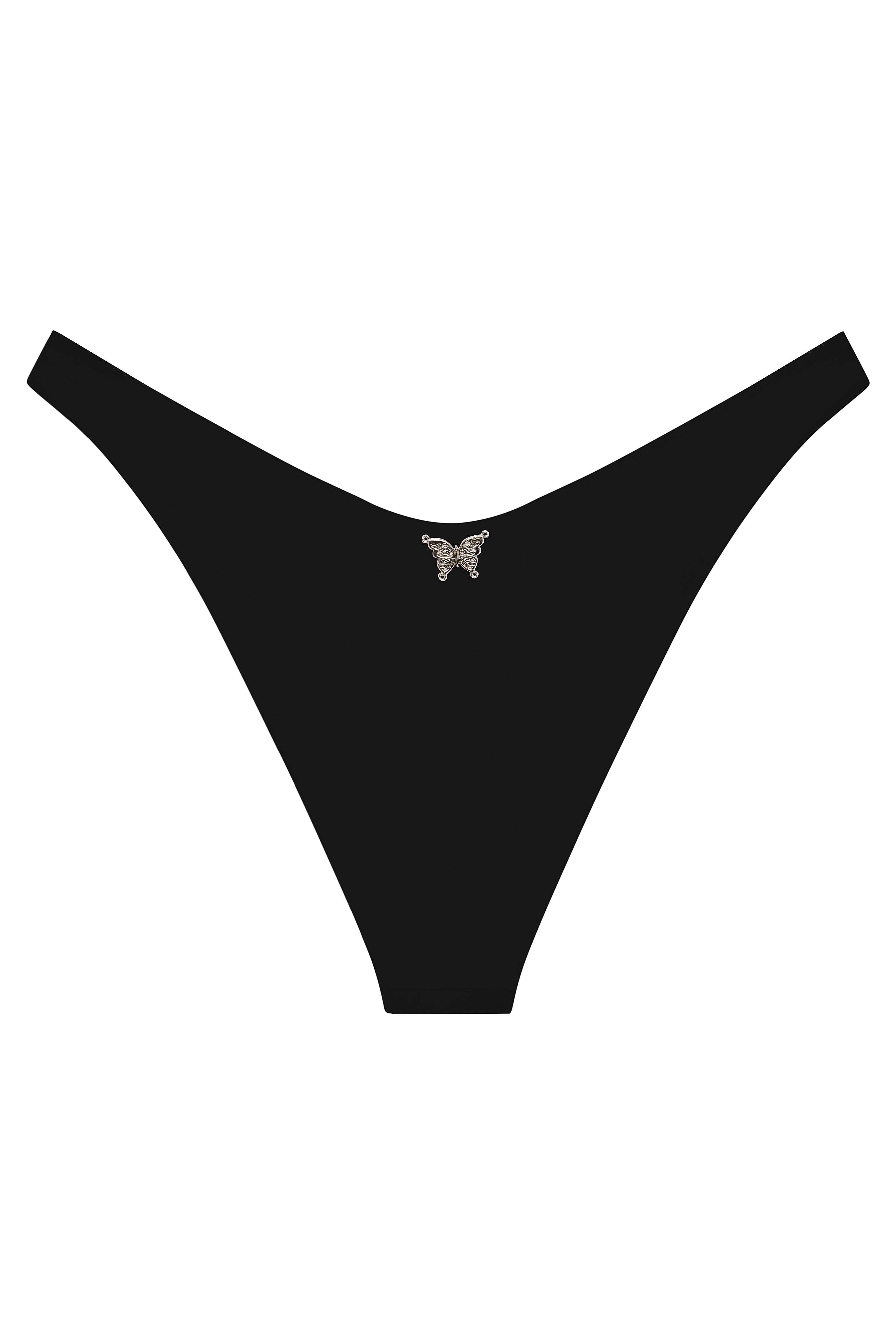 Black thong with a small decorative element on a white background