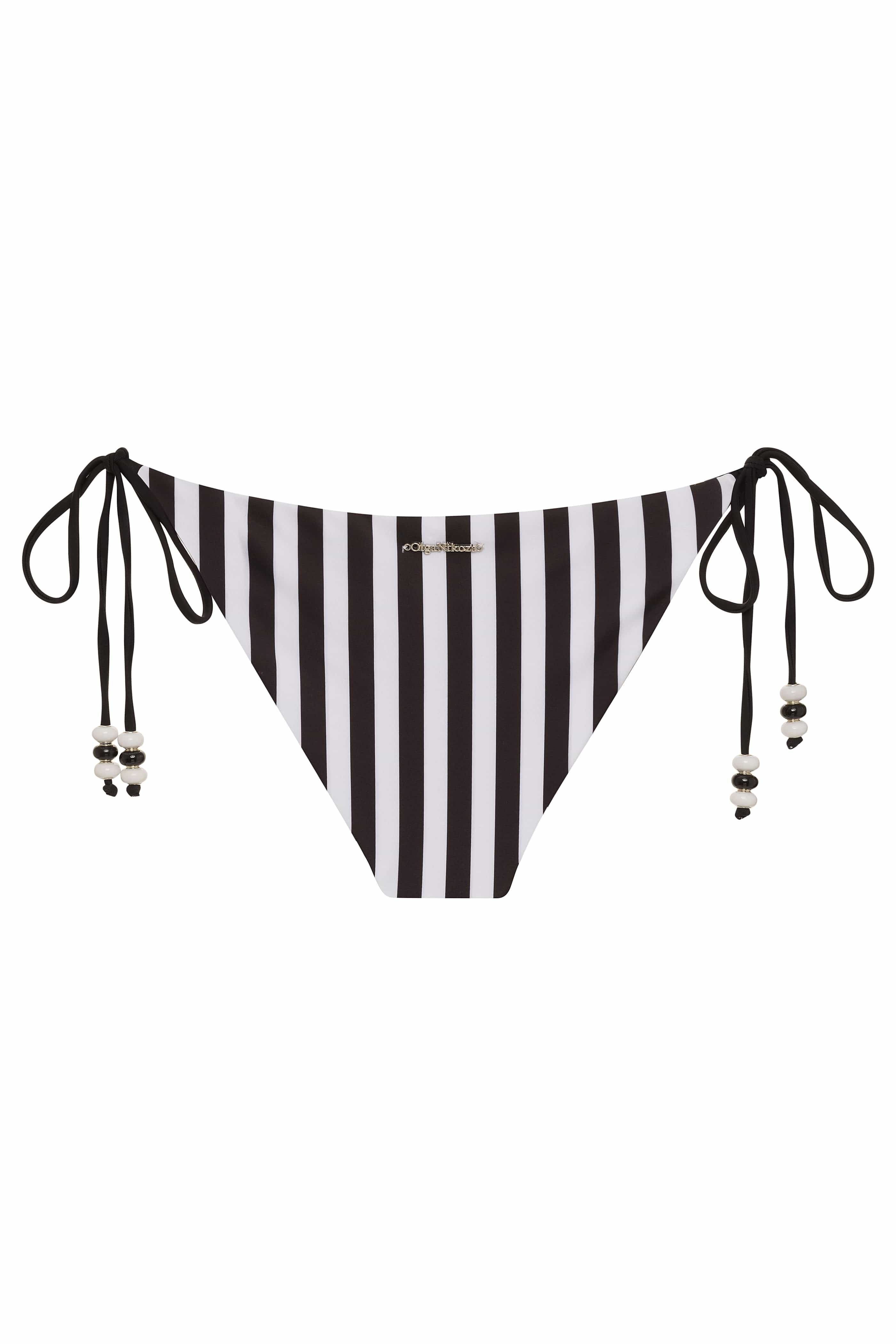 Black and white striped bikini bottom with tie sides on a white background