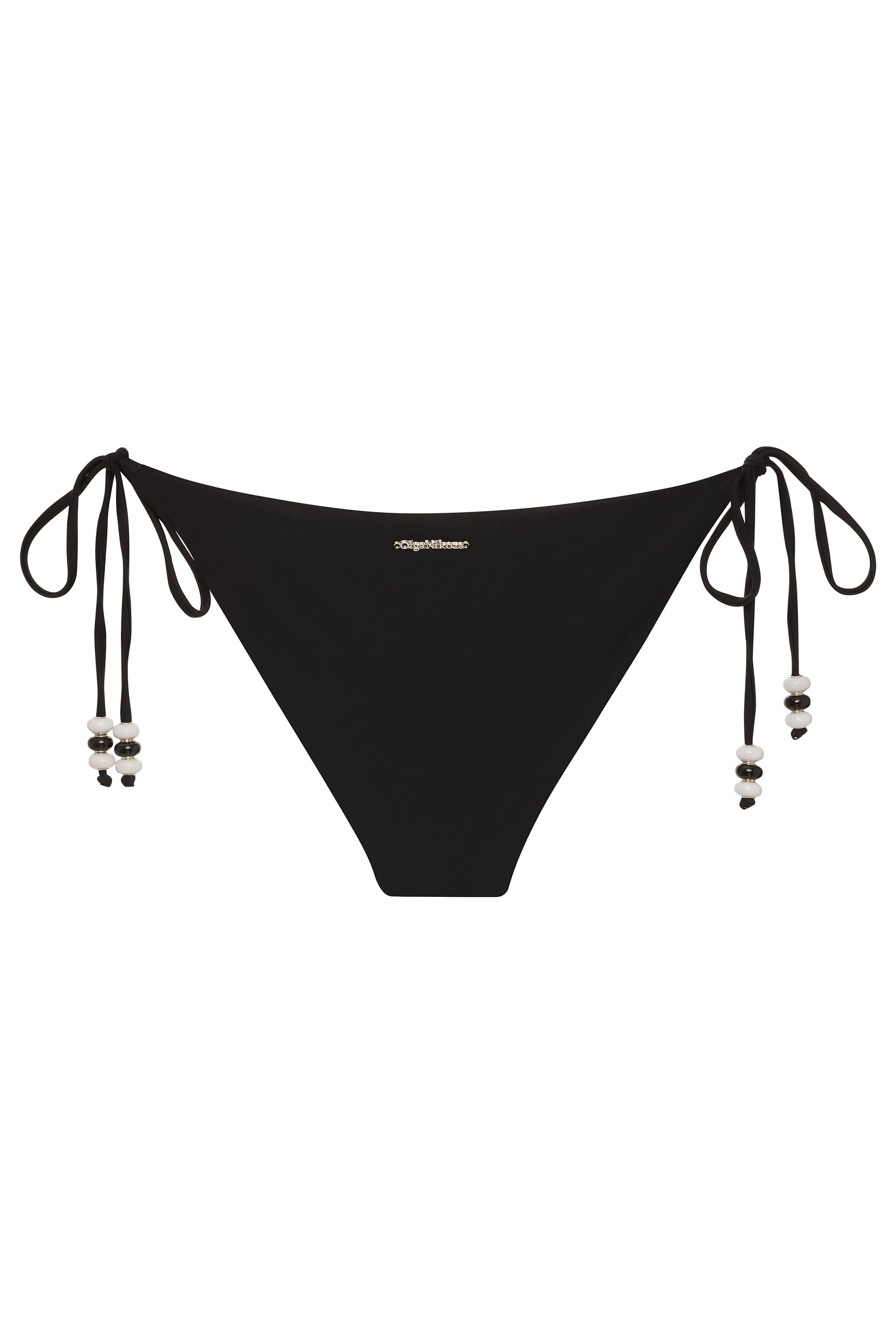 Black bikini bottom with tie sides on a white background