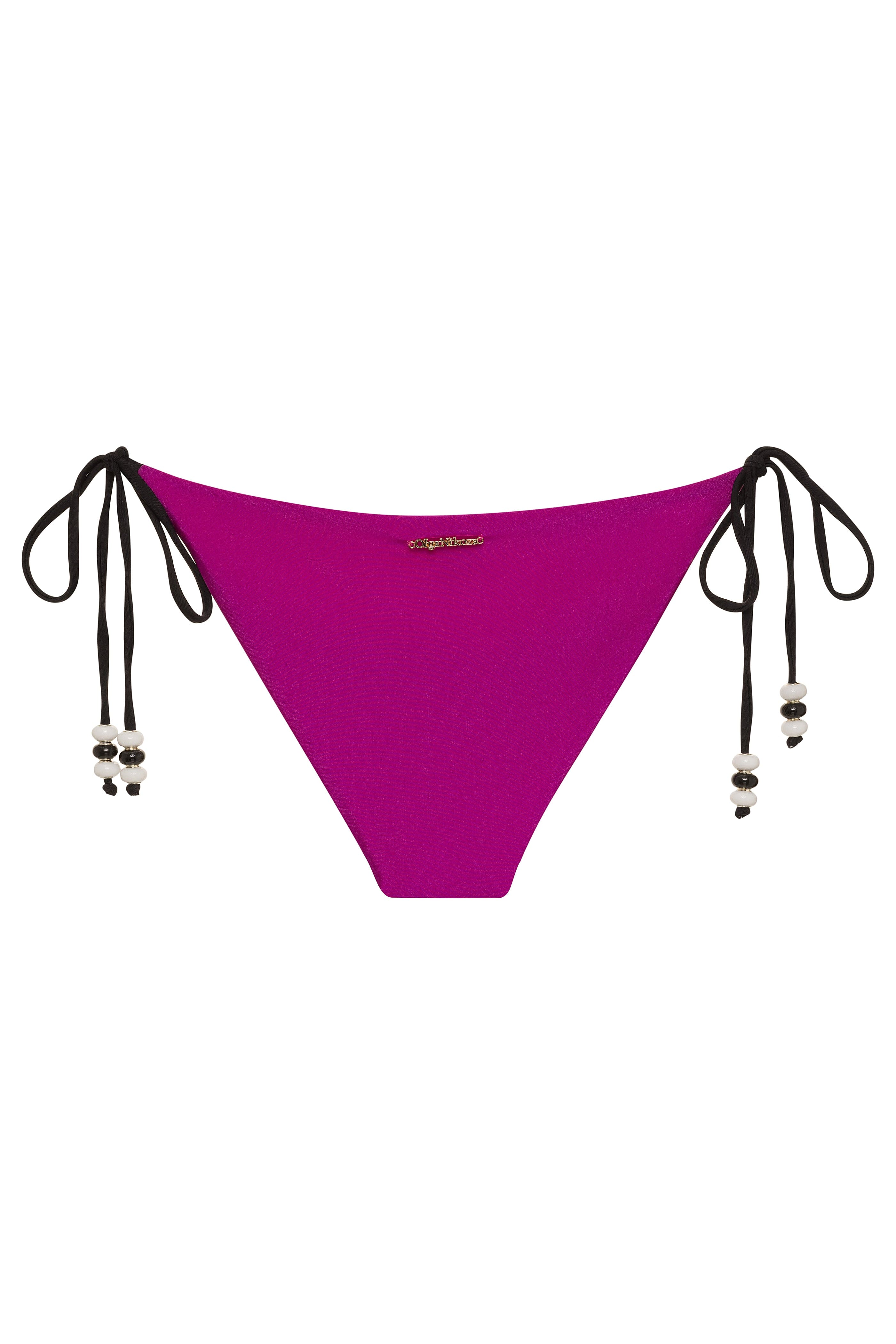 Purple bikini bottom with black straps and decorative elements on a white background