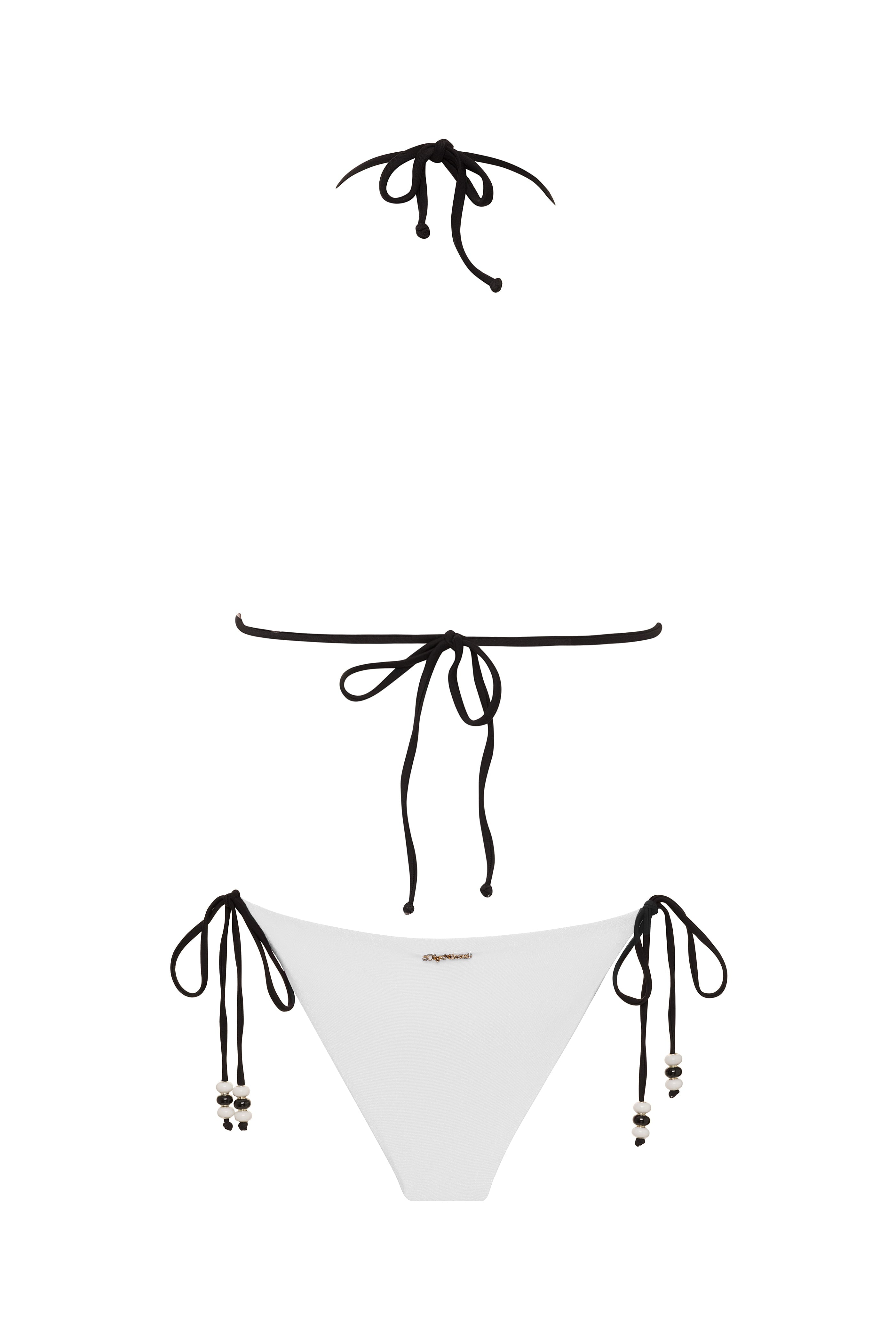 Black bikini top and bottom with string details on a white background