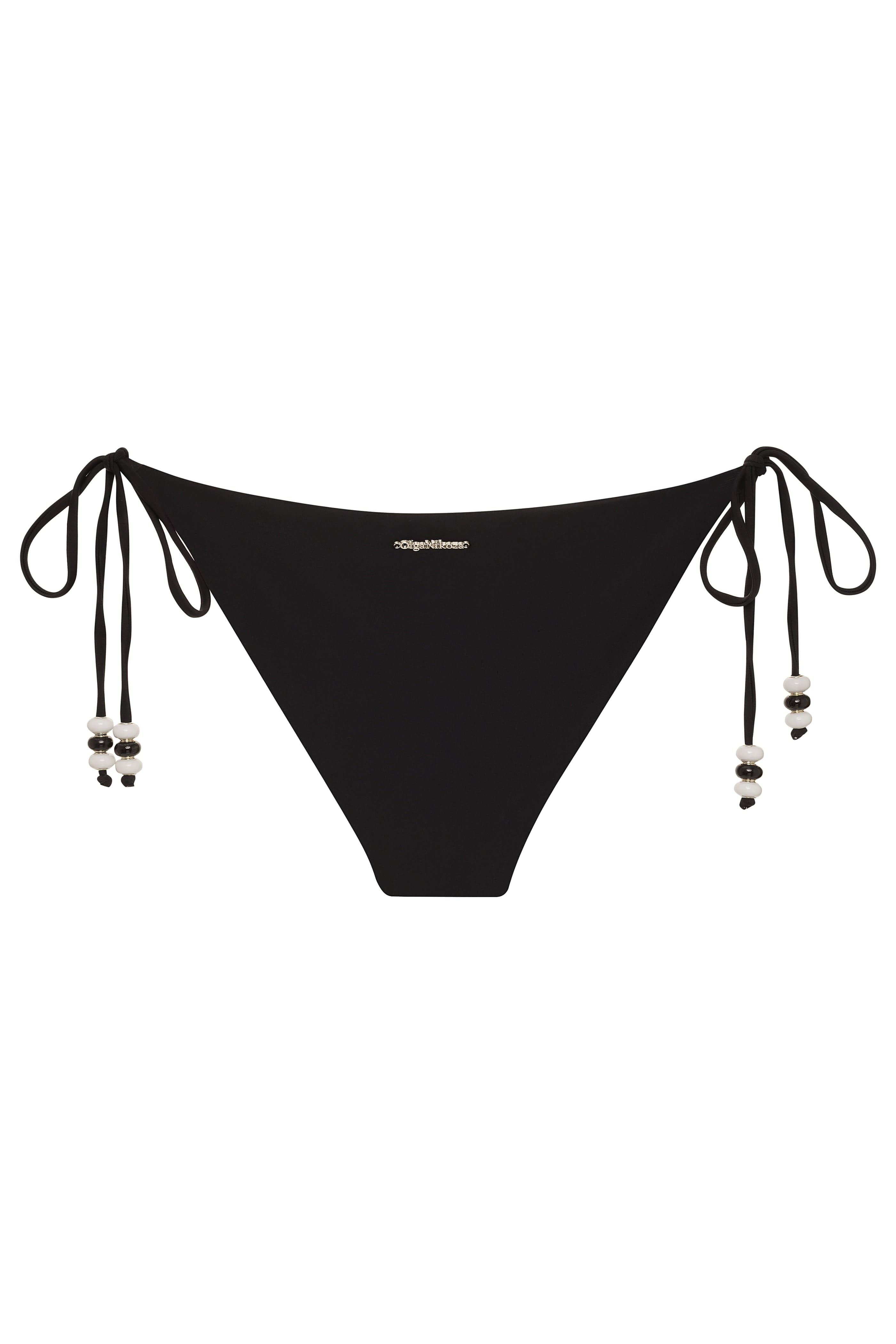 Black bikini bottom with tie sides on a white background