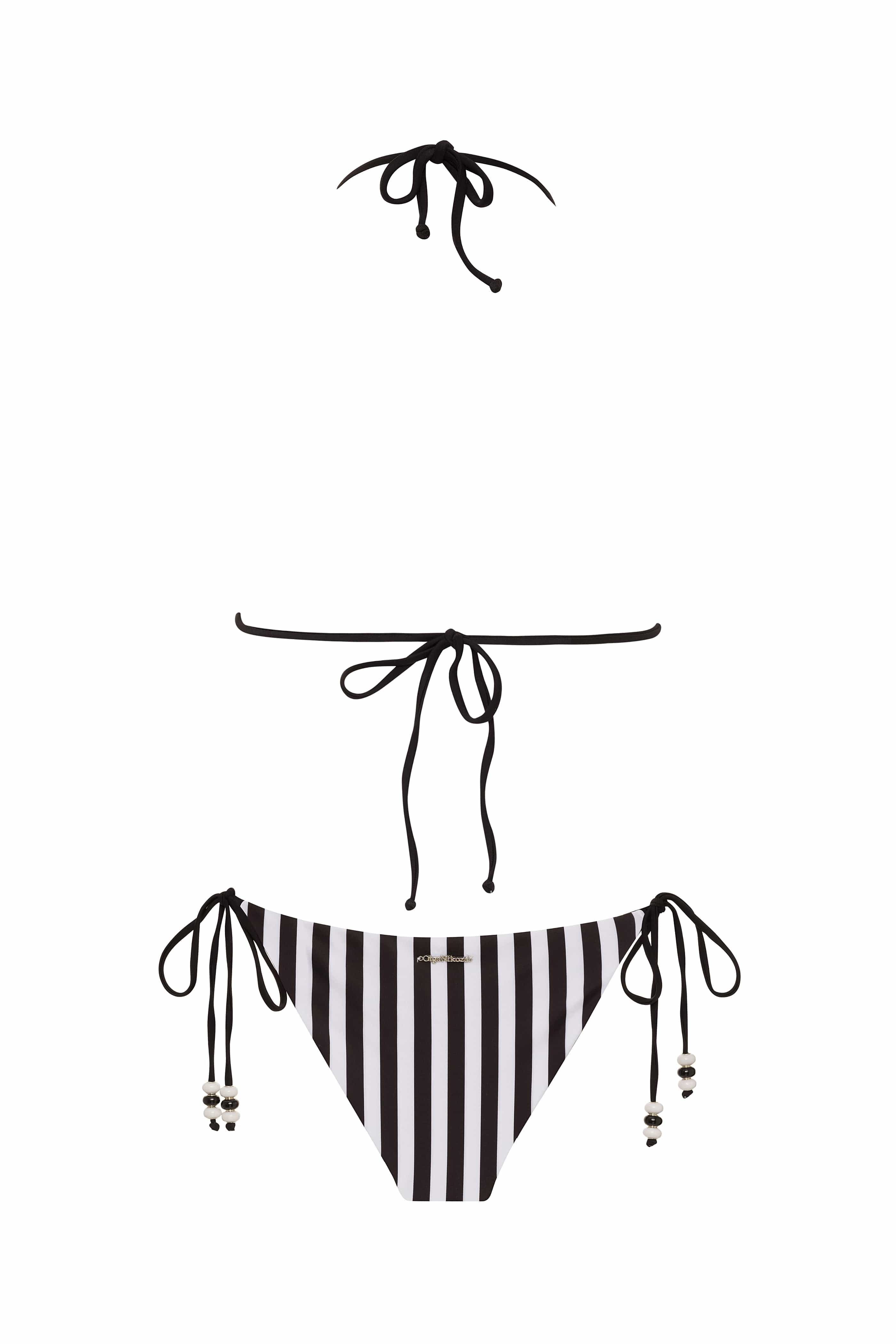 Black and white striped bikini set with tie details on a white background