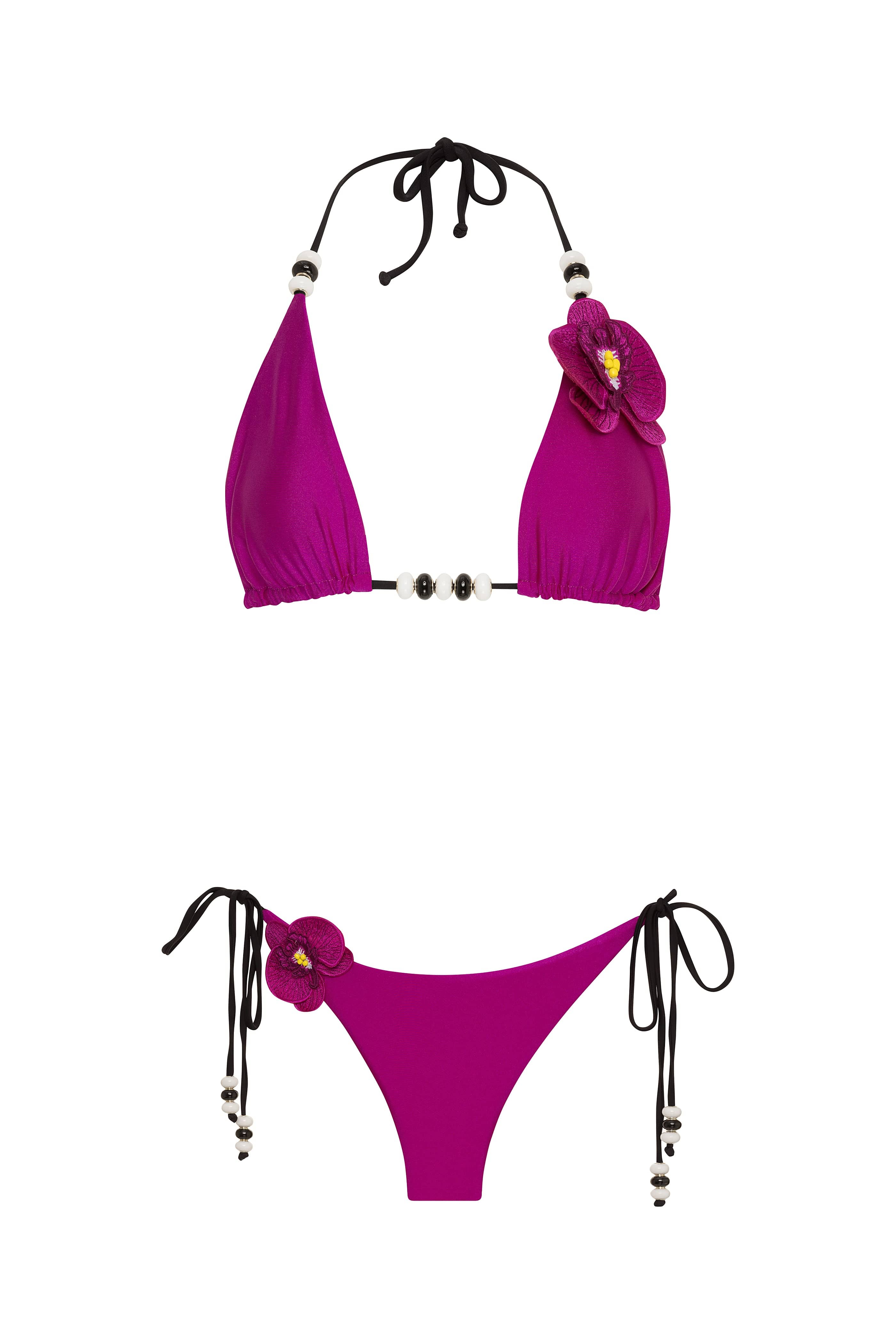 Purple bikini set with floral details on a white background