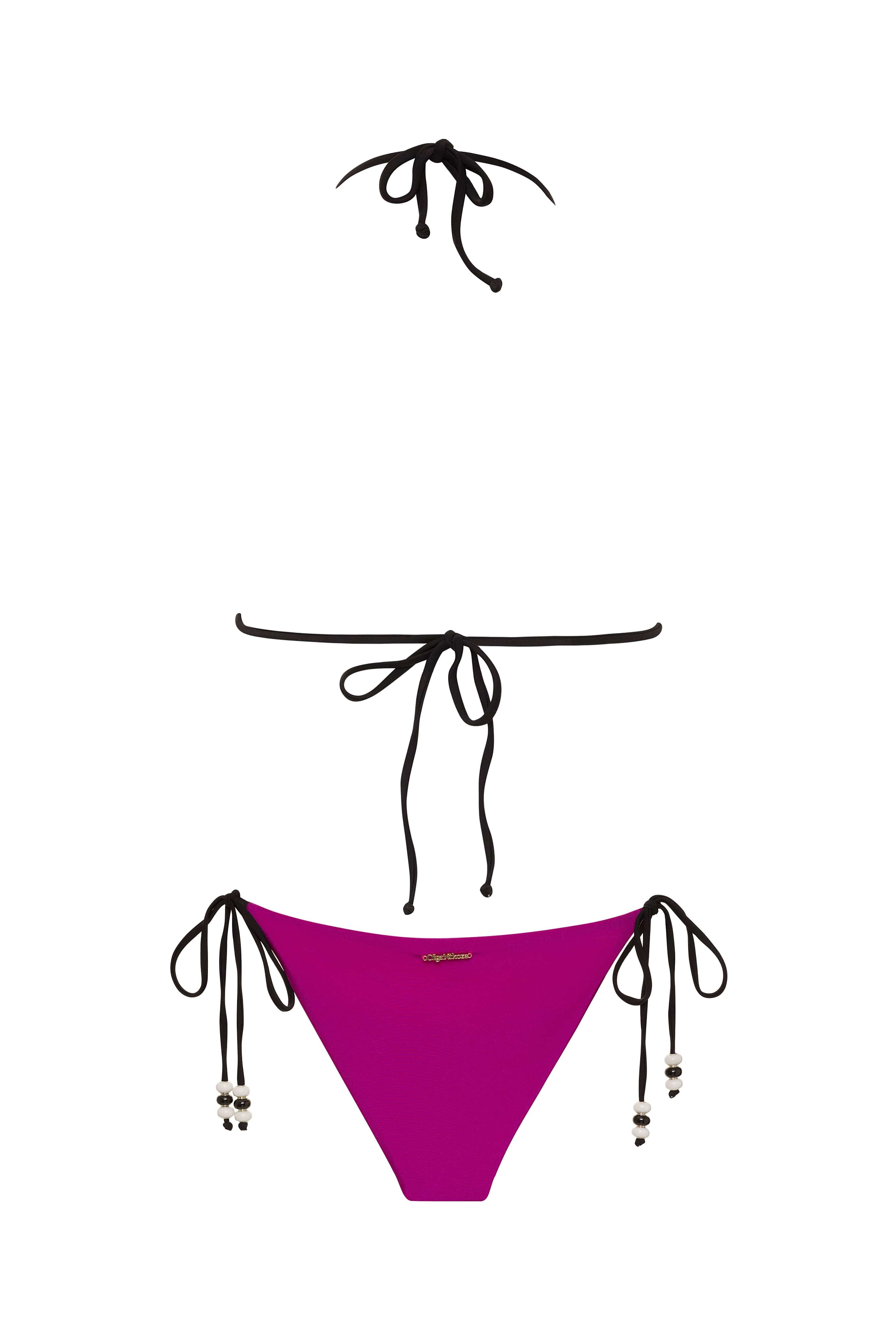 Purple bikini bottom with black straps on a white background