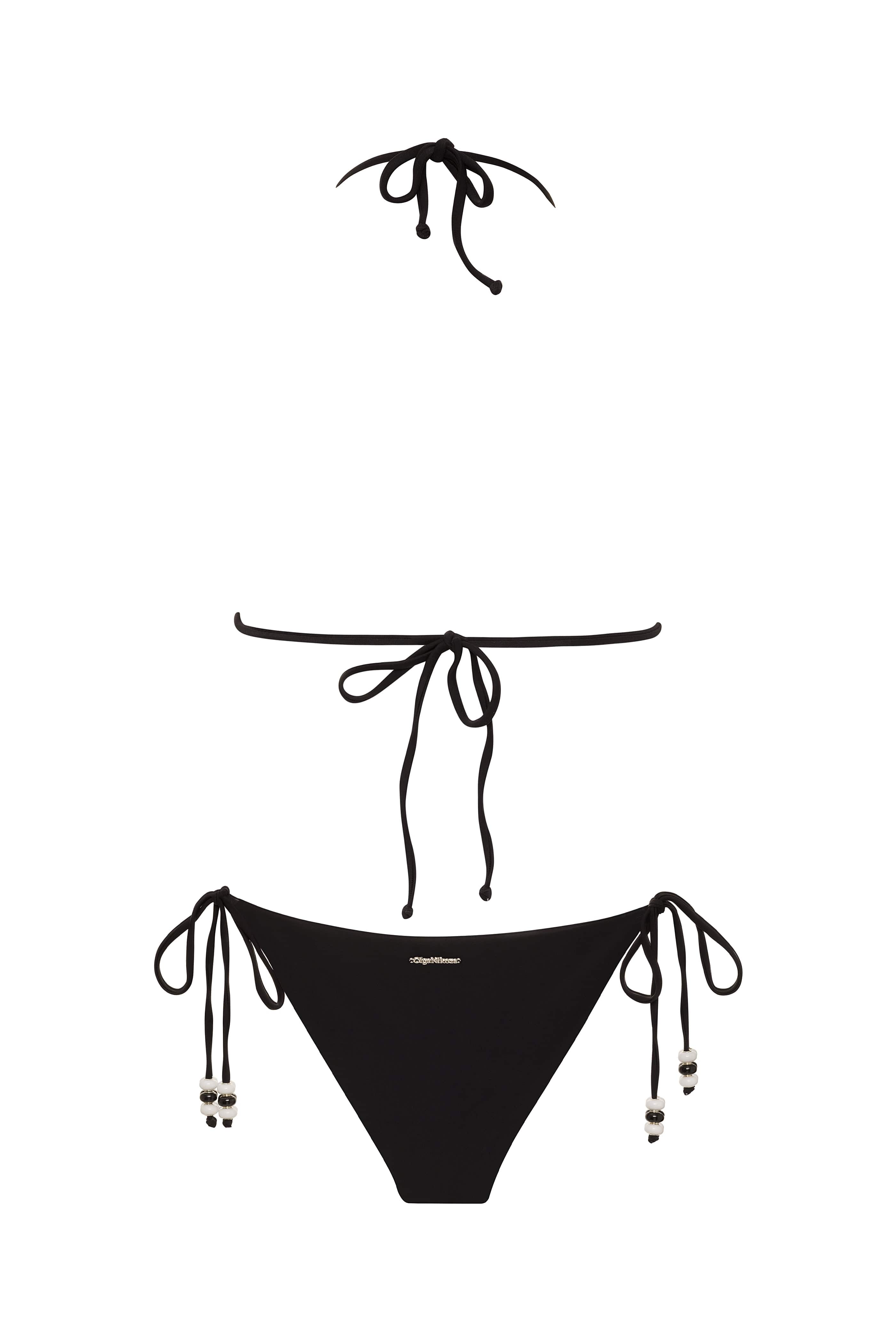Black bikini set with string details on a white background