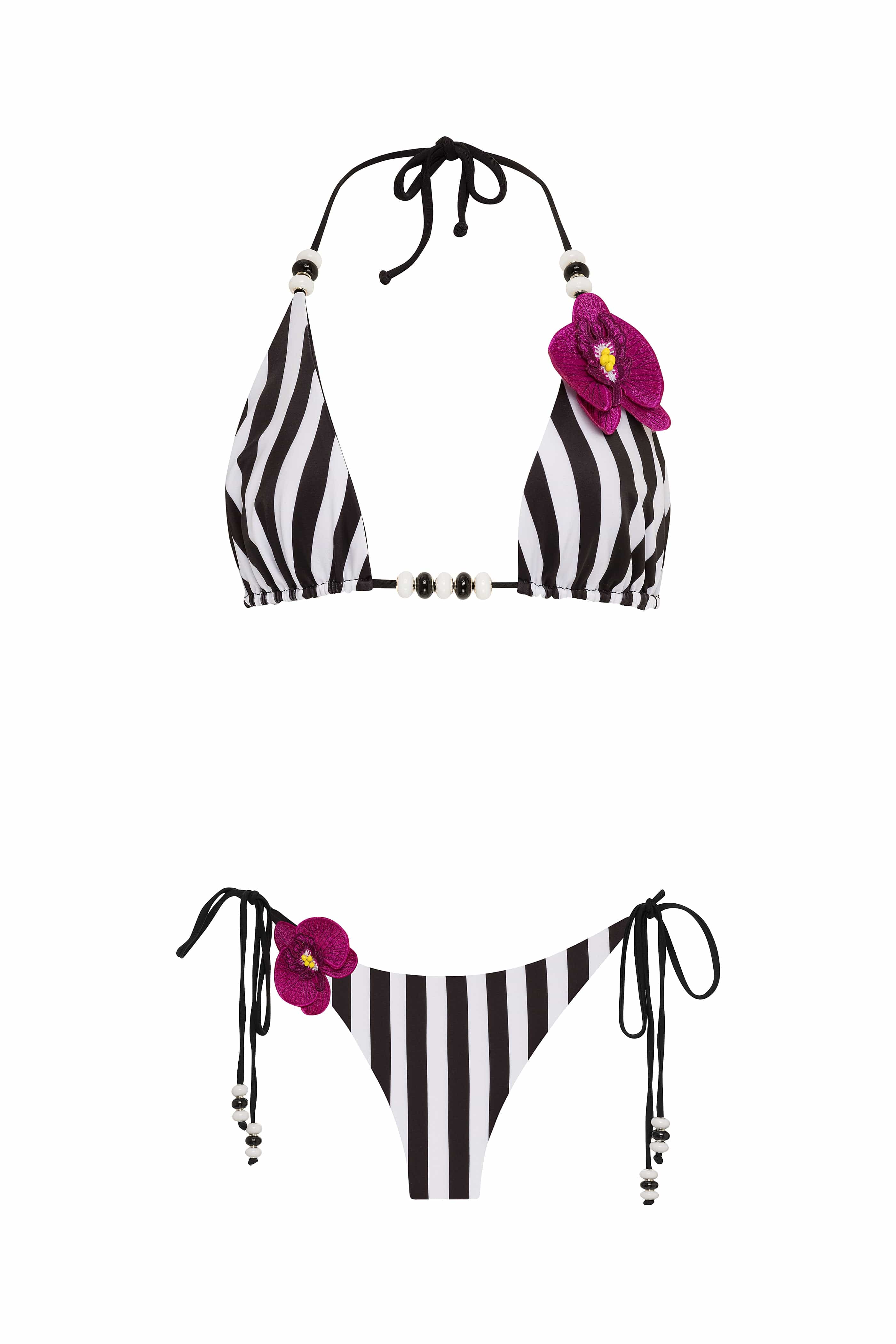 Black and white striped bikini with floral accents on a white background