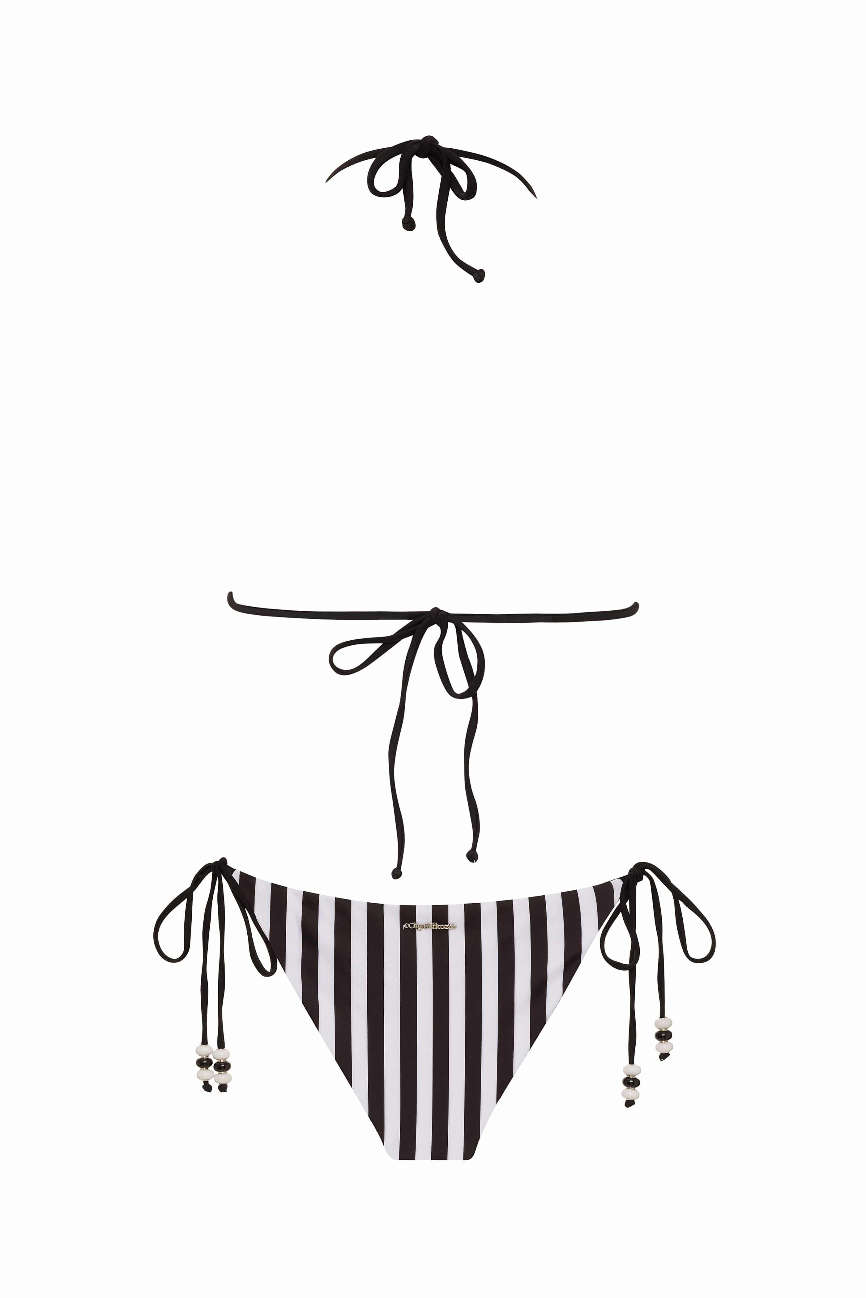 Black and white striped bikini set with tie details on a white background