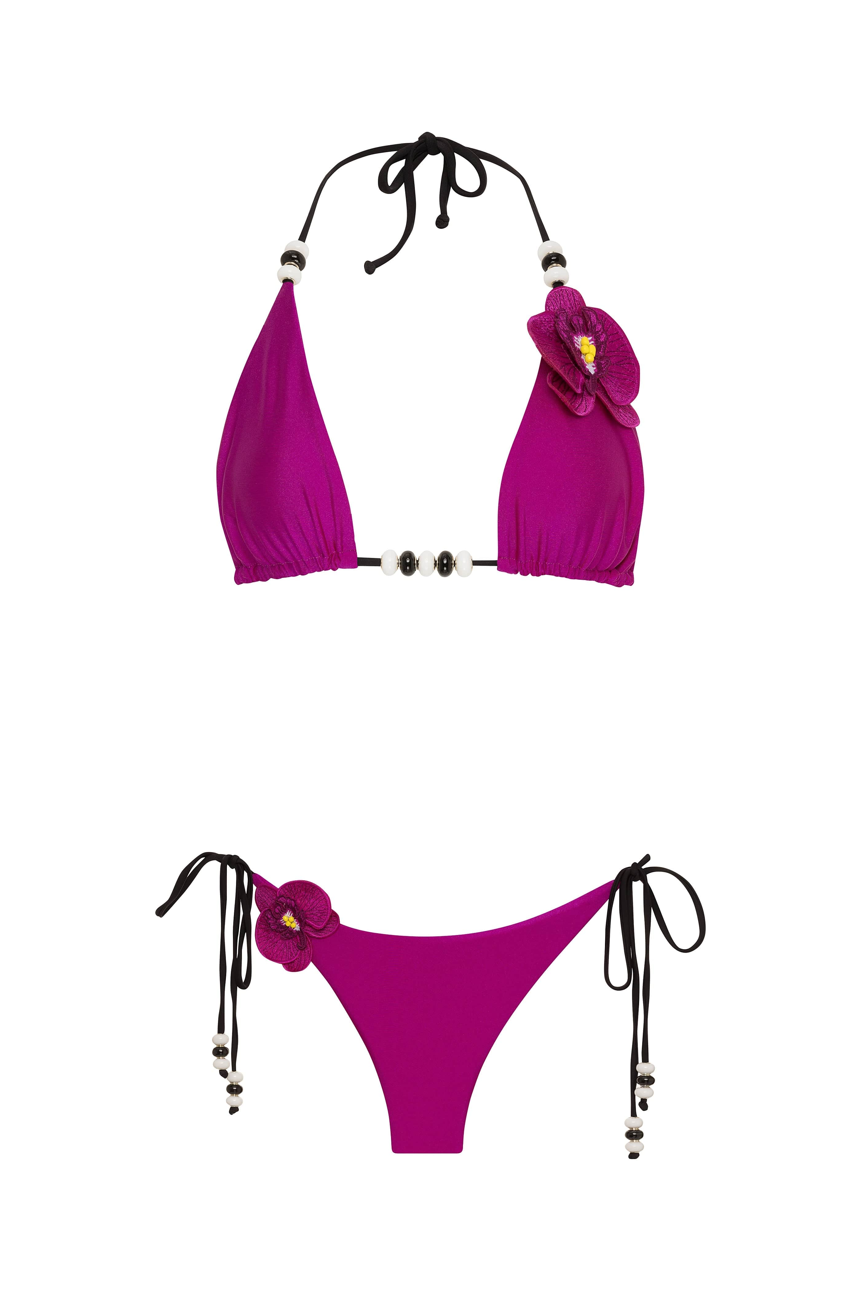 Purple bikini set with floral details on a white background