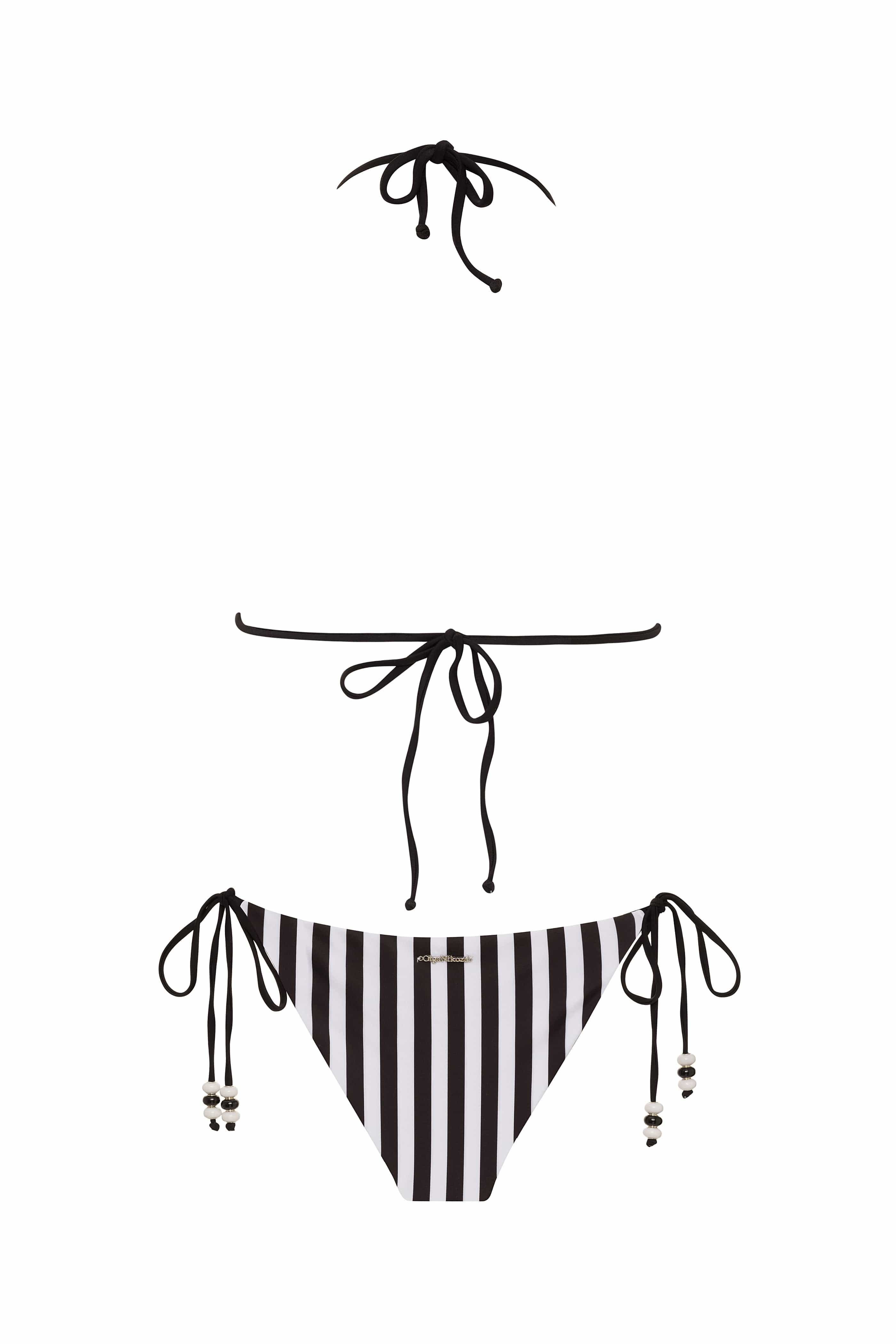Black and white striped bikini set with tie details on a white background