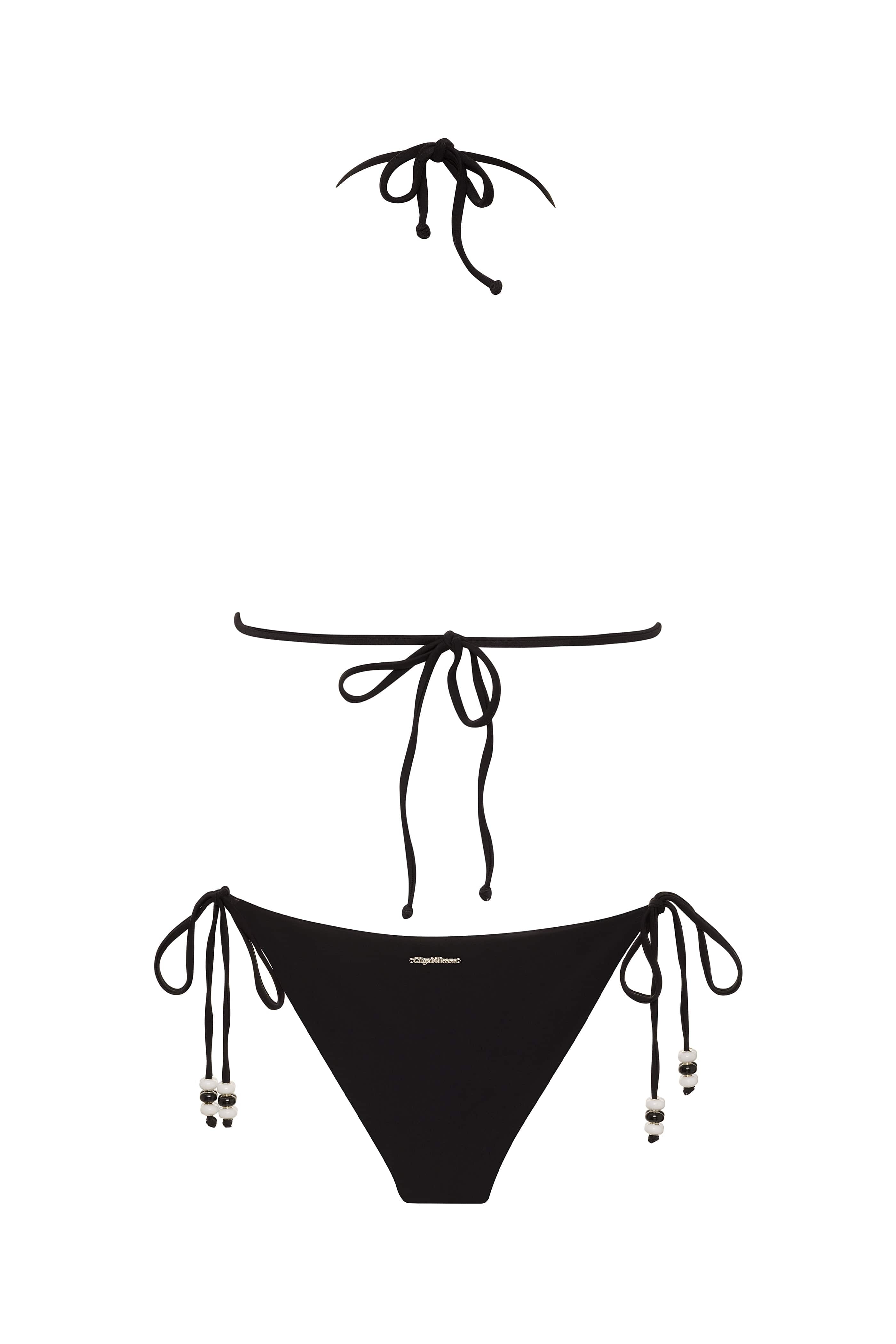Black bikini set with string details on a white background