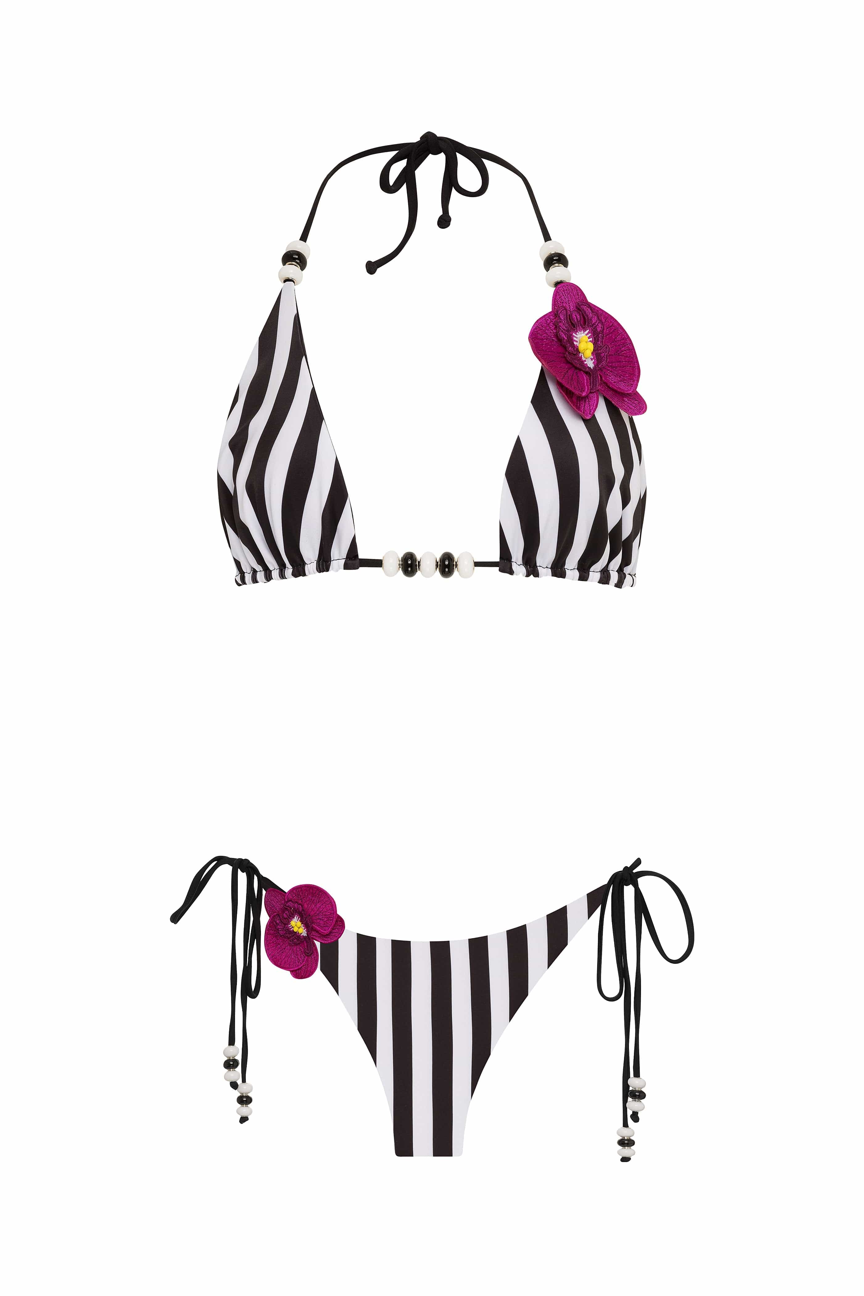 Black and white striped bikini with floral accents on a white background