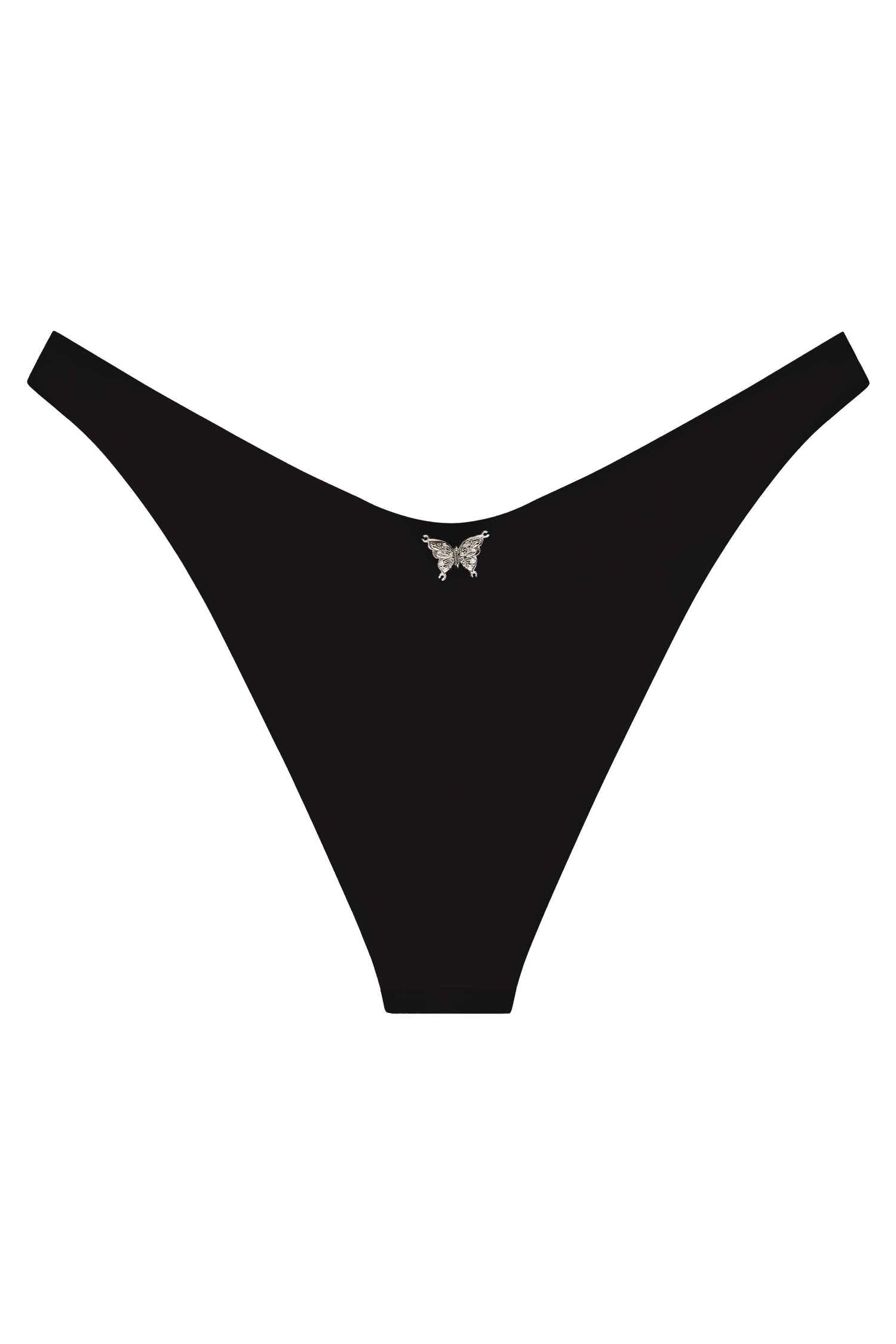 Black thong with a small decorative element on a white background