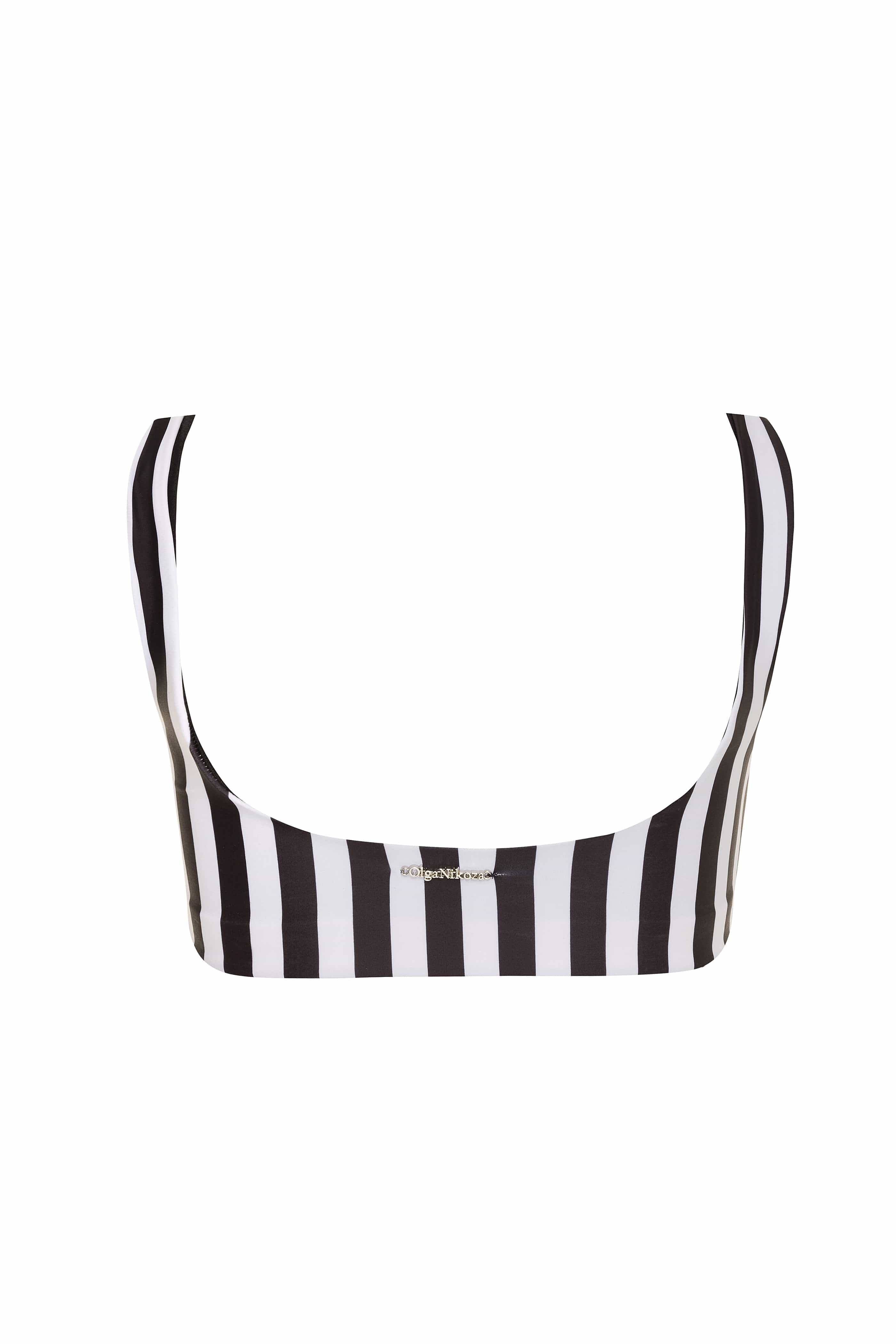 Black and white striped bikini top on a white background