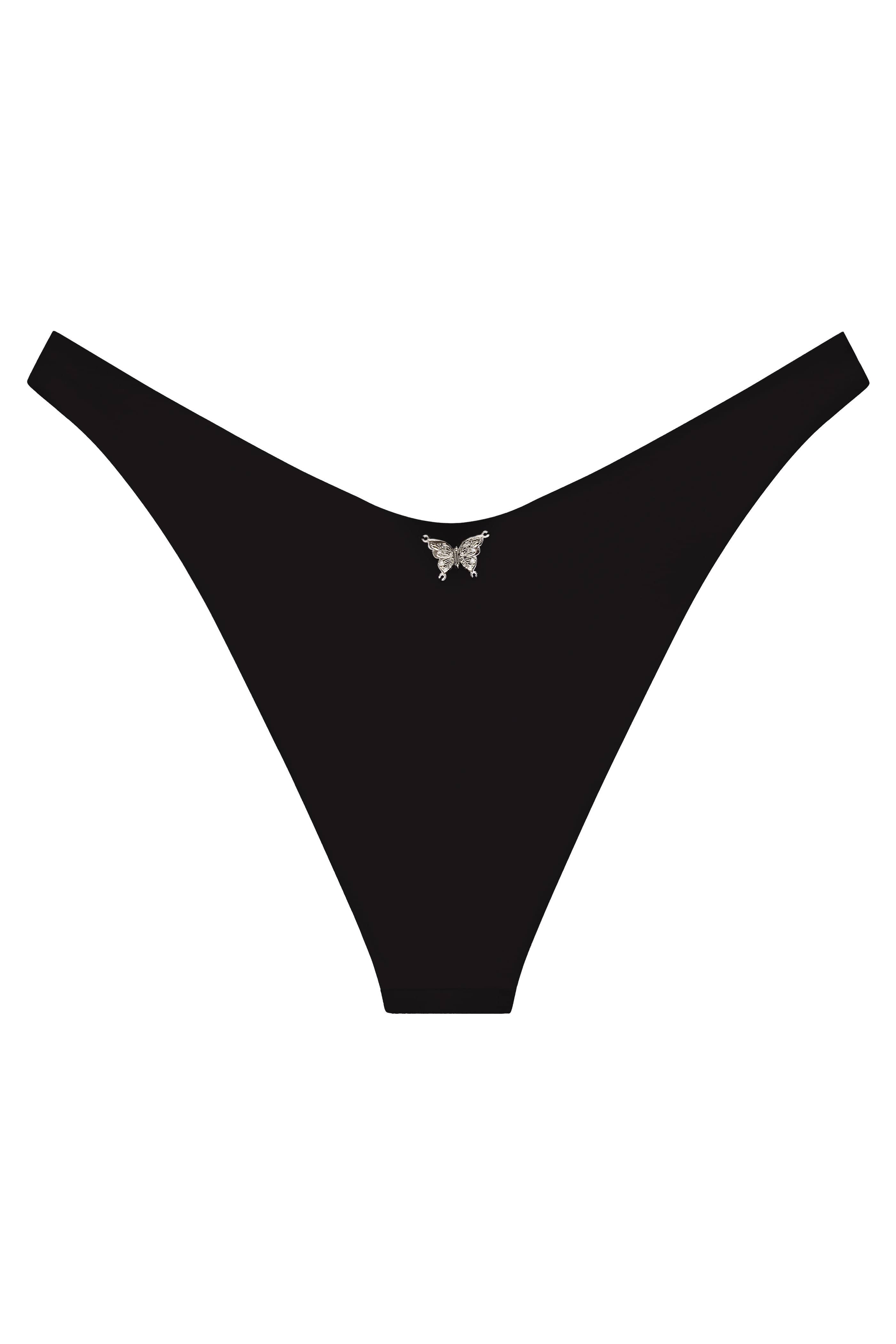 Black thong with a small decorative element on a white background