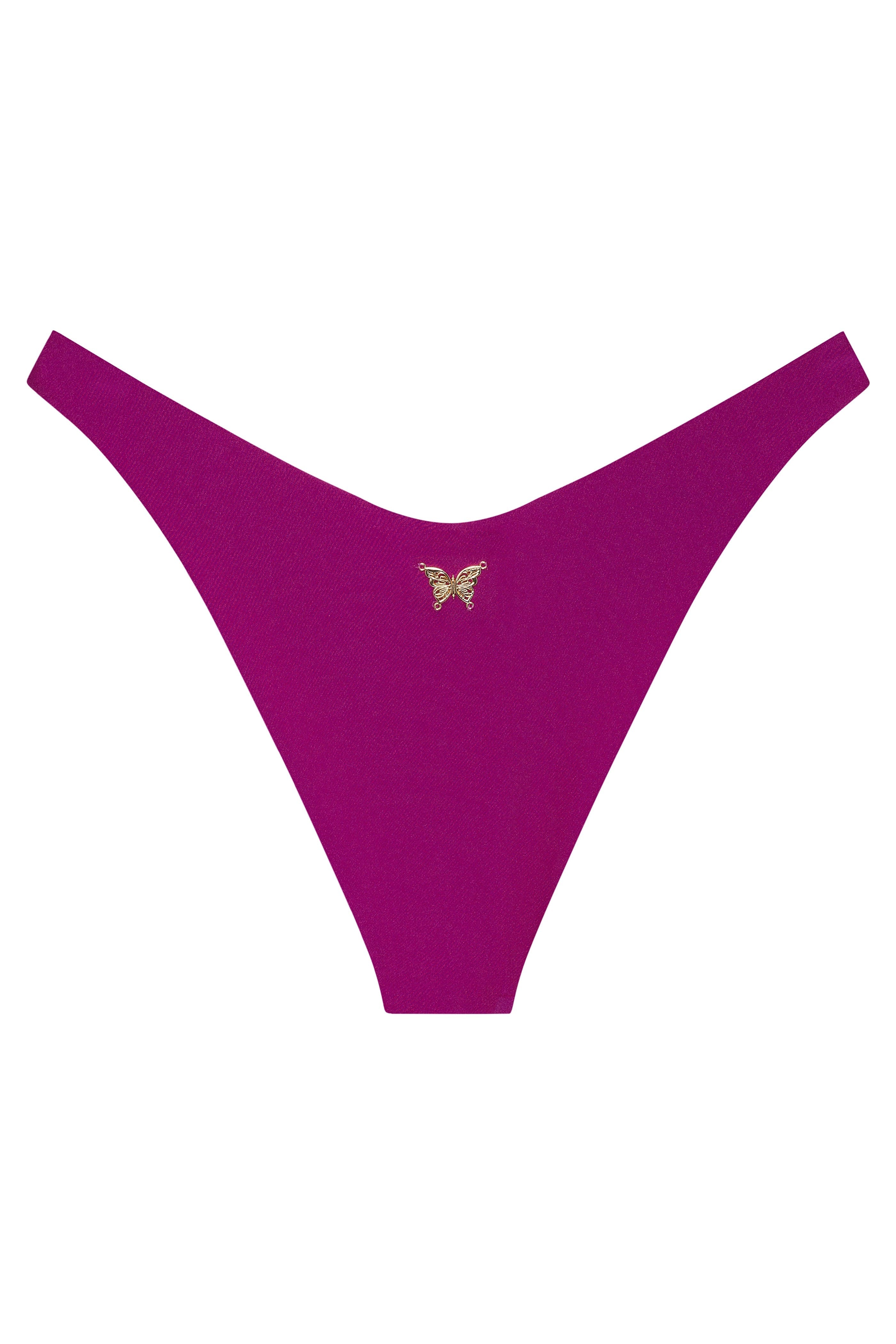 Purple thong with a butterfly design on a white background
