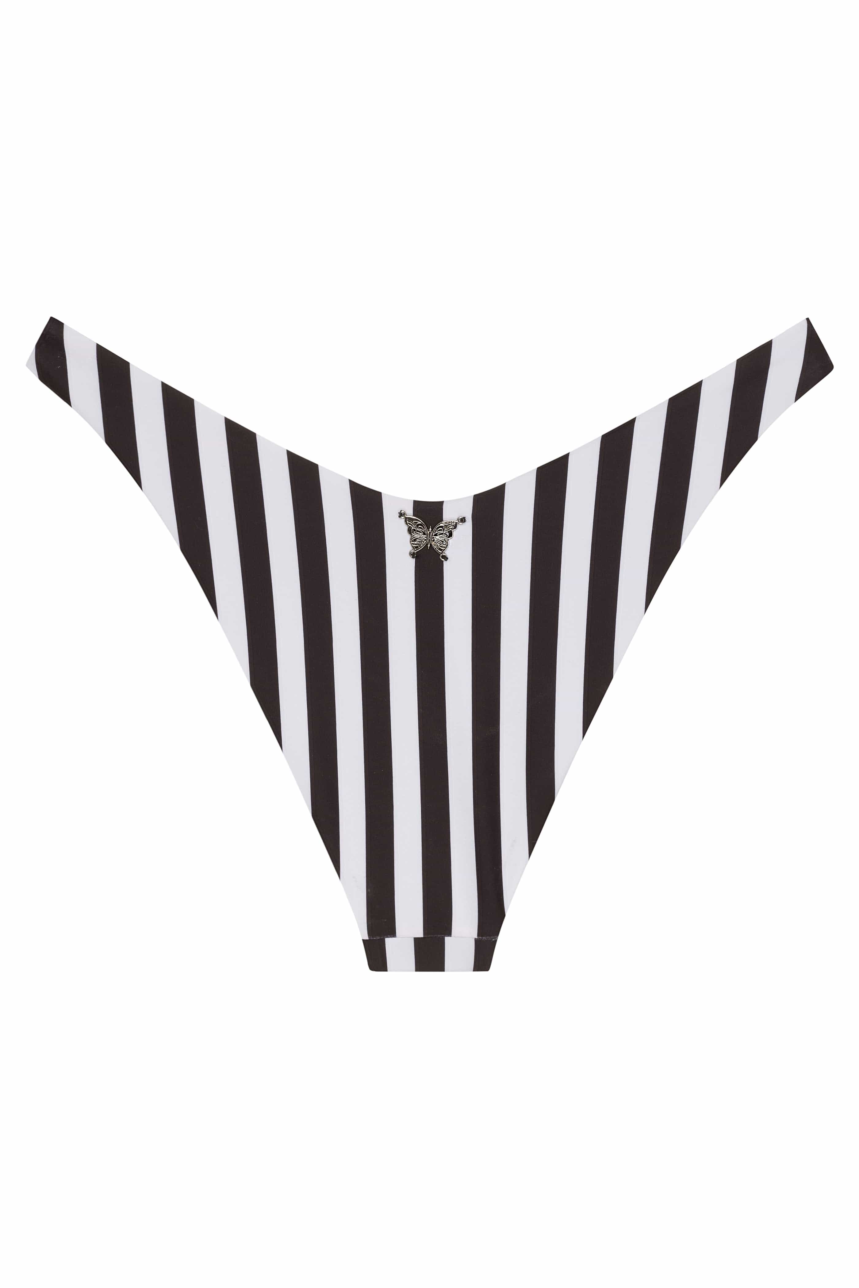 Black and white striped bikini bottom on a white background
