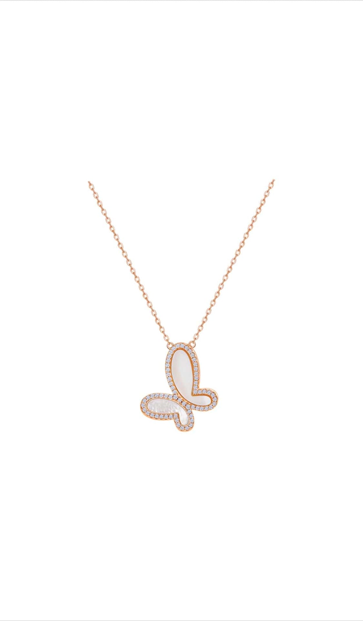 Butterfly-shaped pendant necklace on a white background