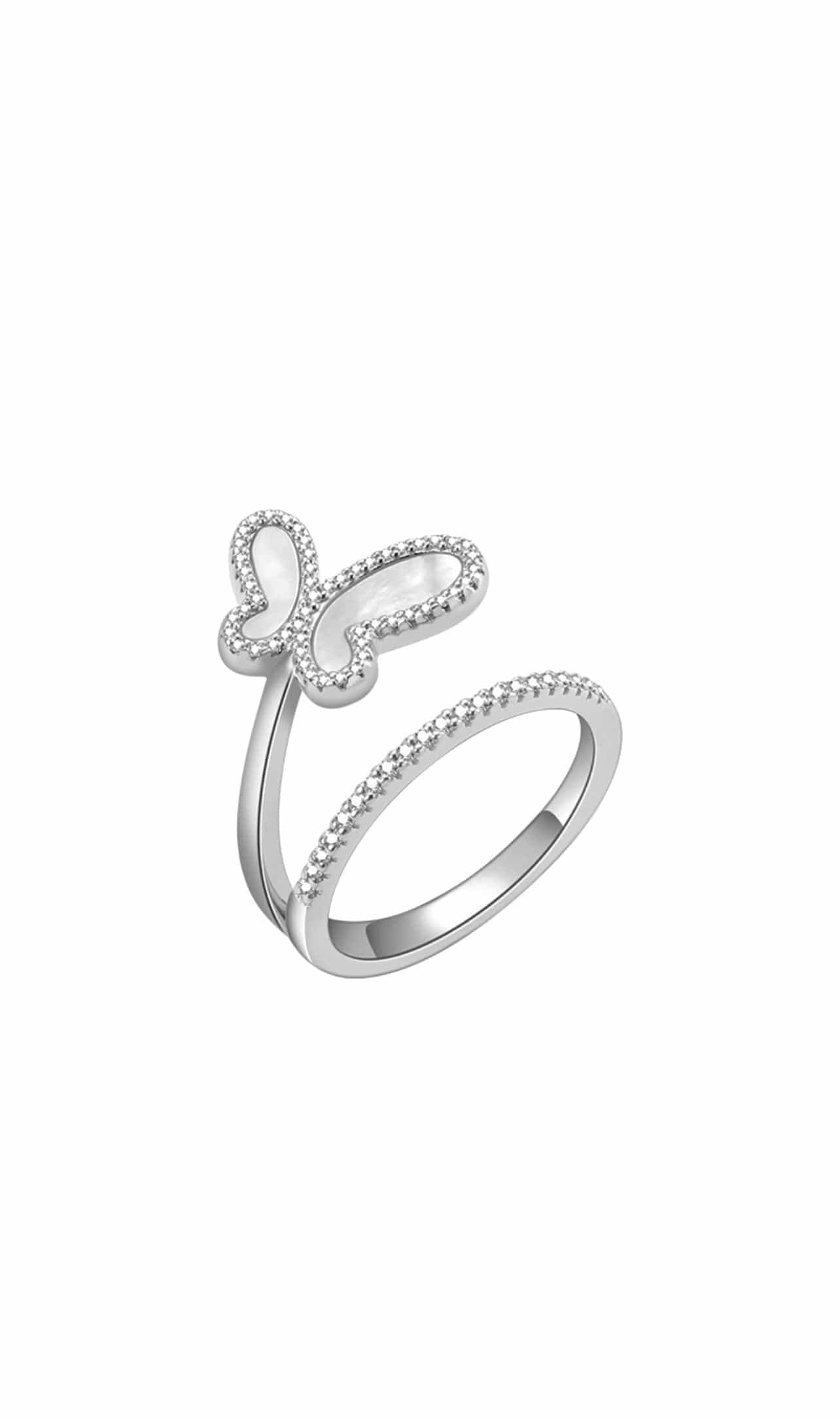 Silver ring with butterfly design on a white background