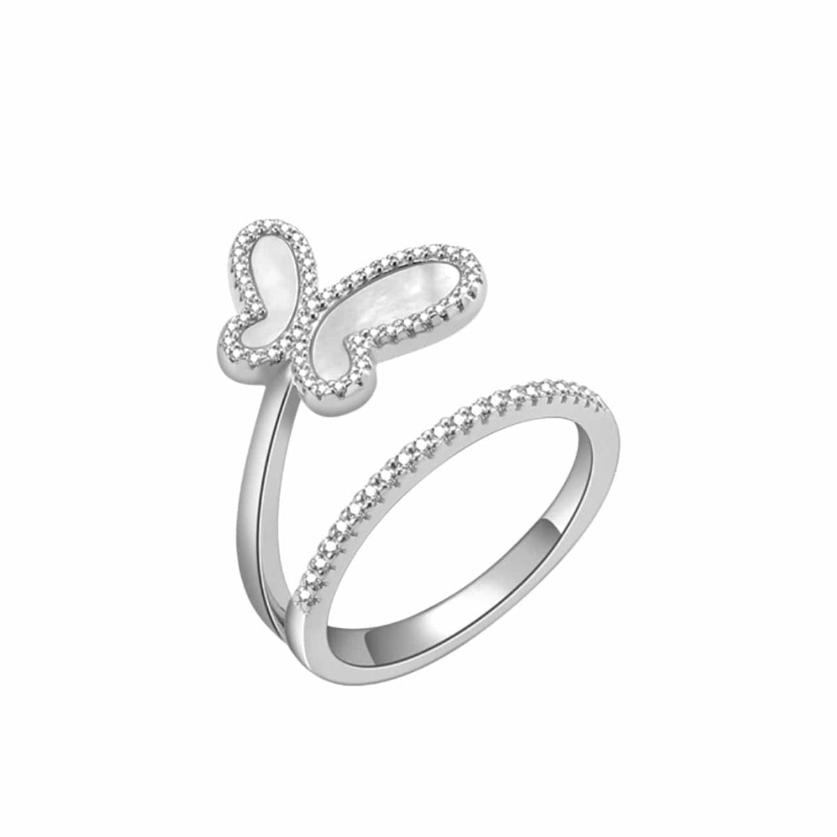 Silver ring with butterfly design on a white background
