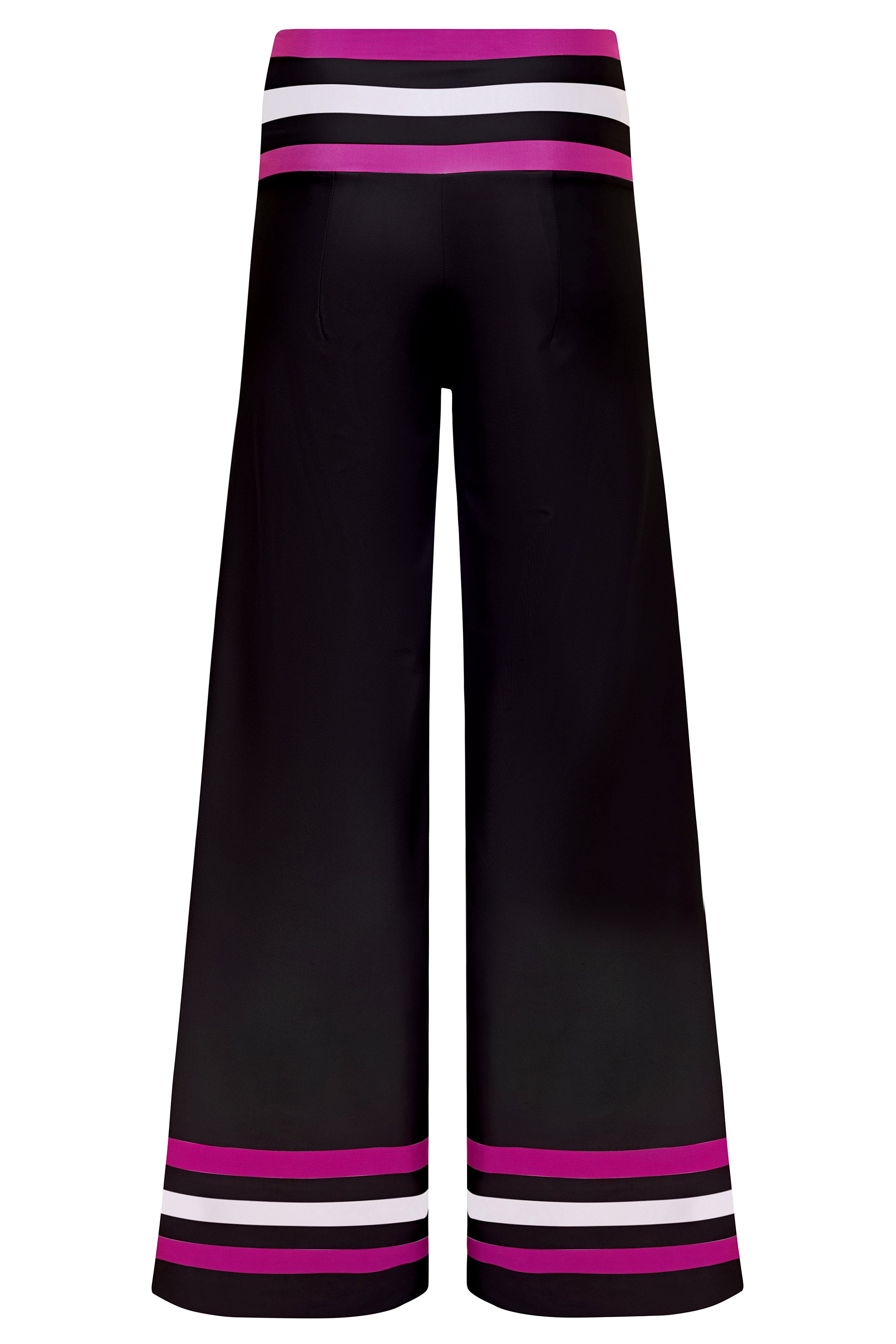 Black pants with pink and white striped waistband and cuffs on a white background